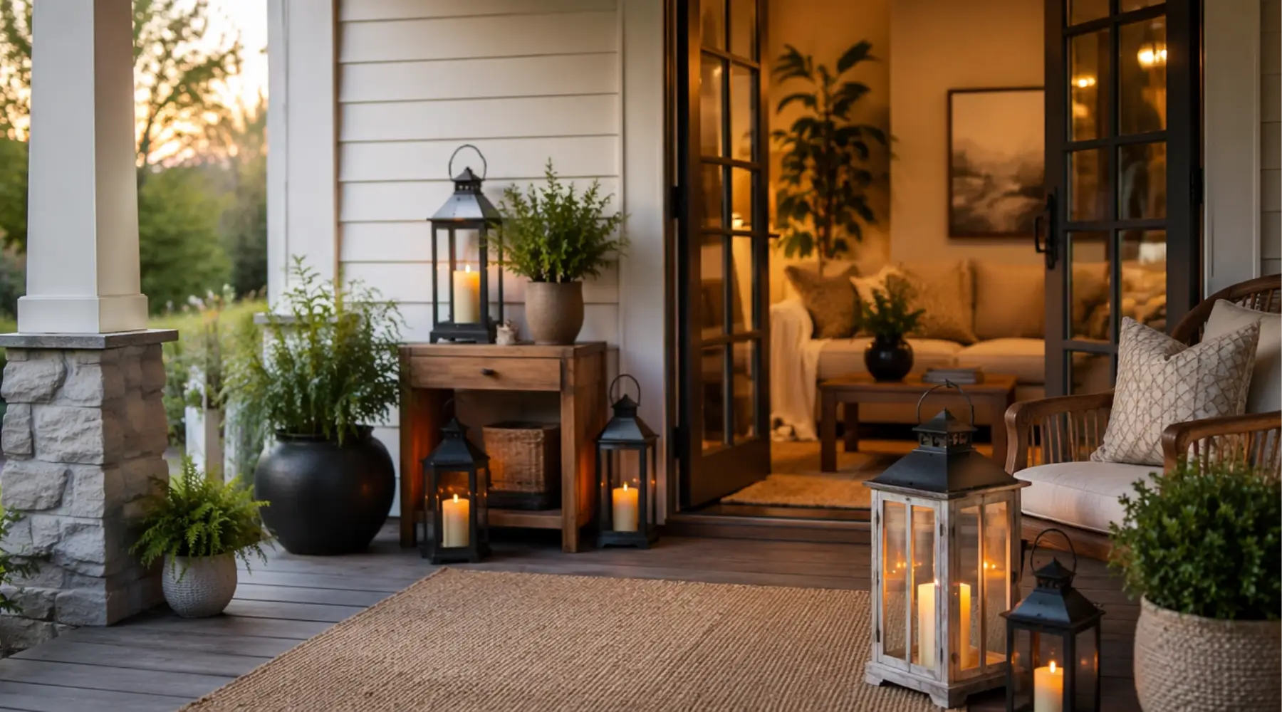 Covered front porch with decorative candle lanterns leading into a cozy living room through open French doors.
