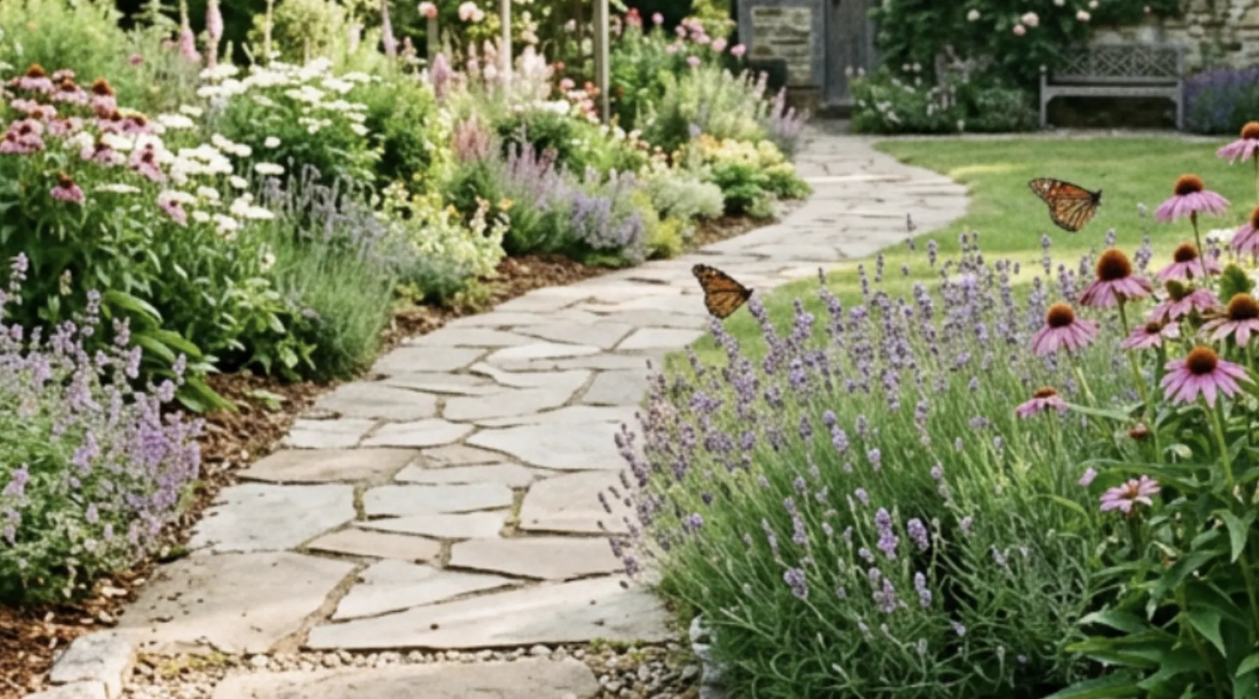 Cozy garden pathway with decorative stepping stones and blooming flowers.
