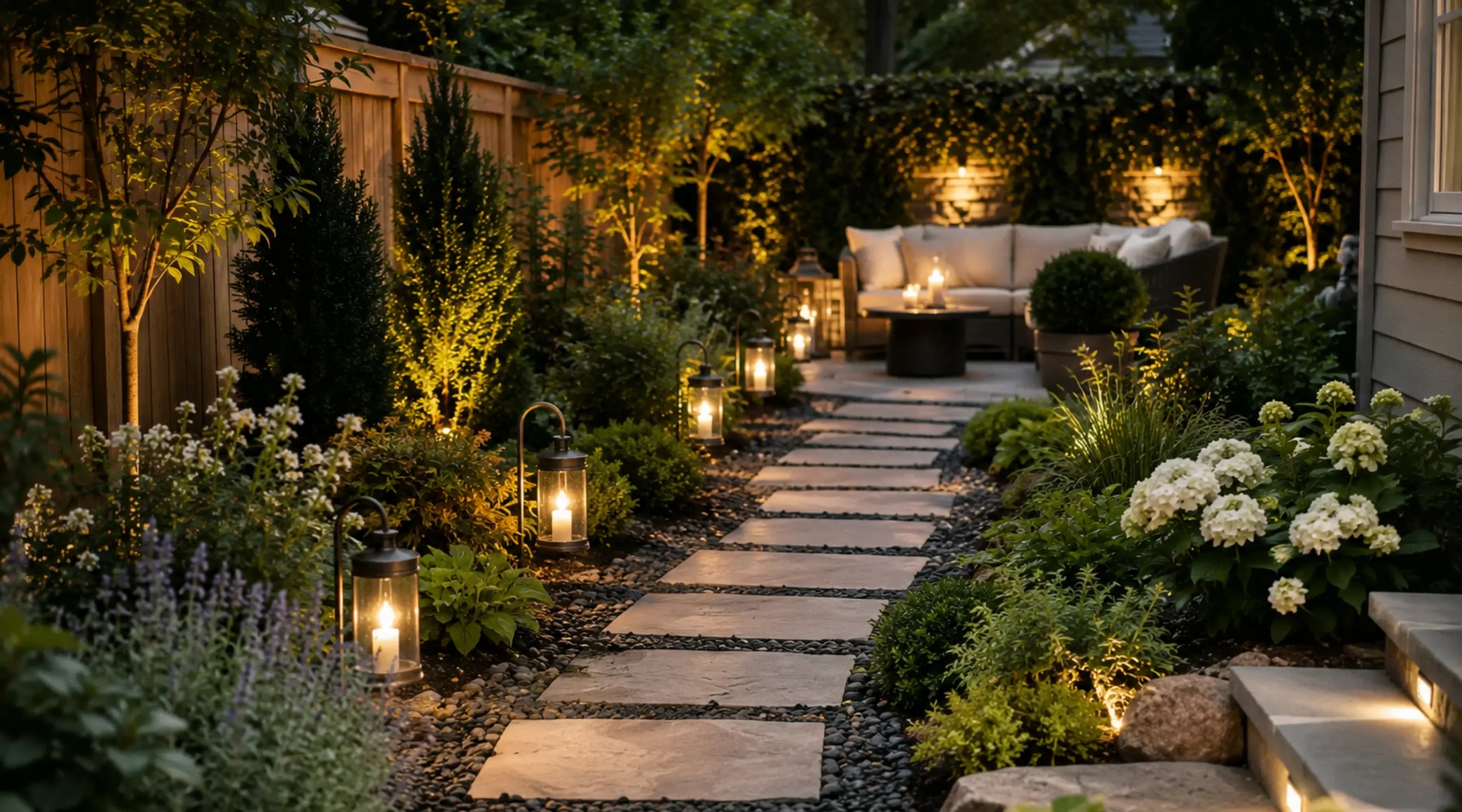 Elegant backyard retreat with garden stepping stone pathway, warm lantern lights, polished landscaping, and cozy outdoor seating at dusk.