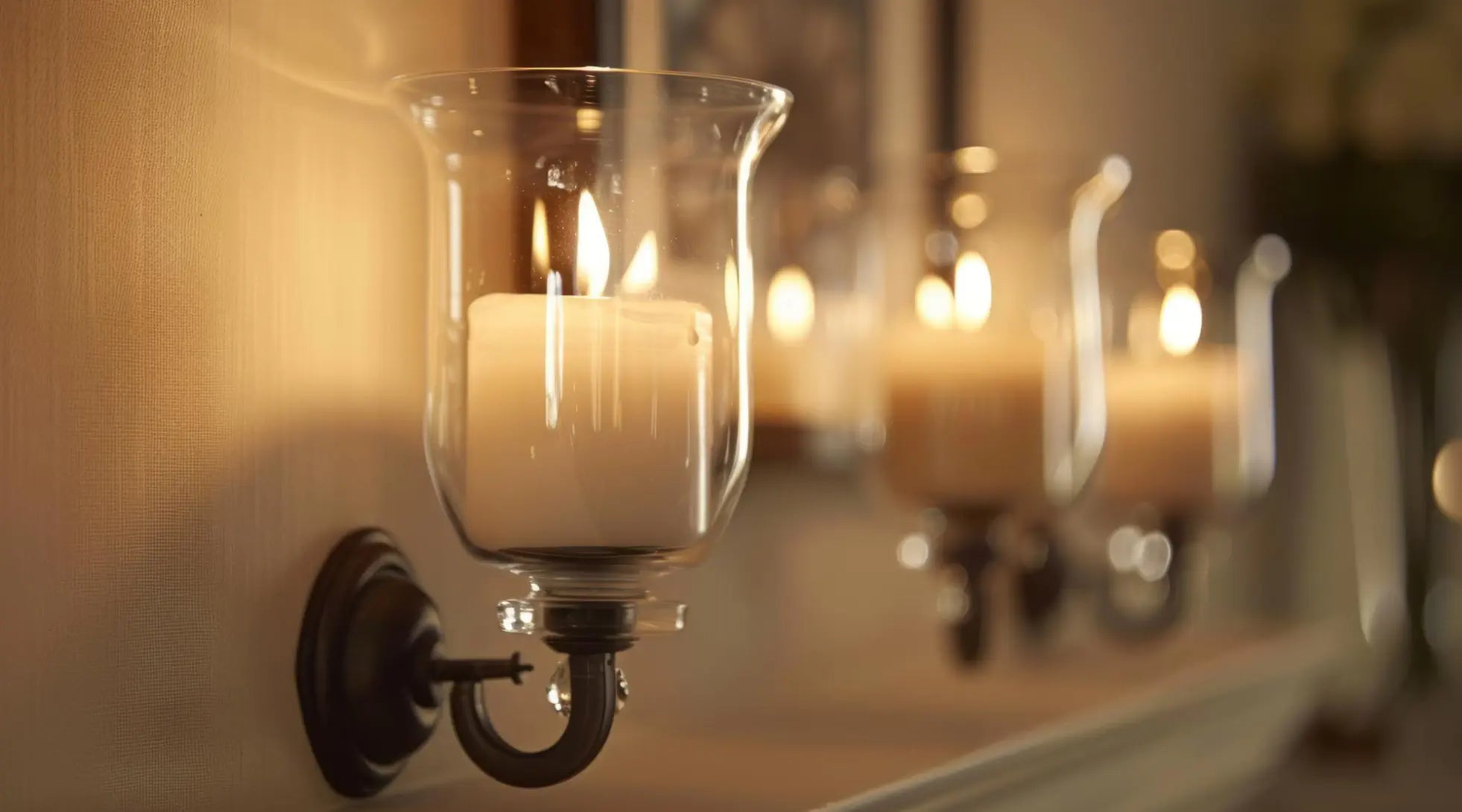Wall-mounted candle sconces with glass holders and soft candlelight, styled for cozy home décor.