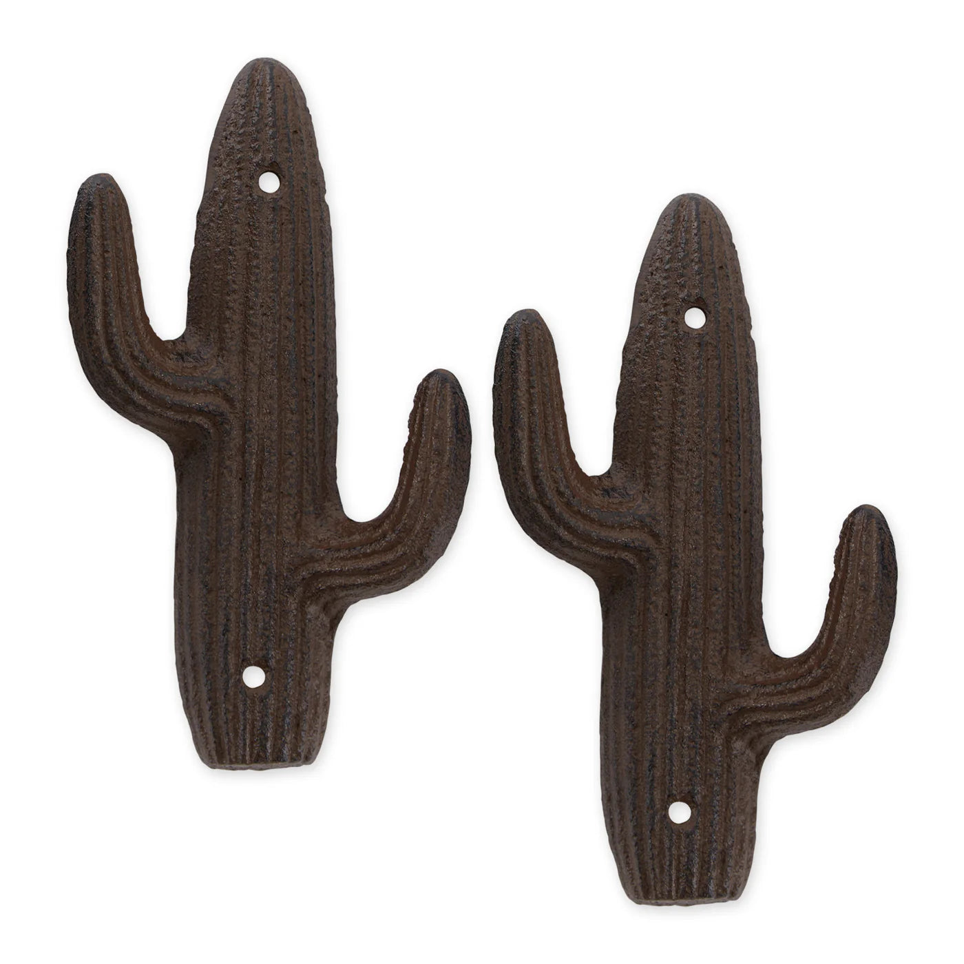 Set of 2 cast iron cactus wall hooks in a rustic brown finish for Southwest and farmhouse home décor.