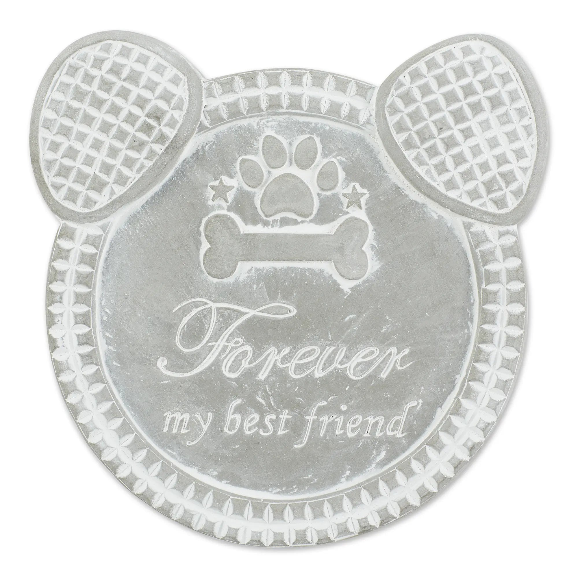 Decorative pet paw cement stepping stone with 'Forever my best friend' text on a white background