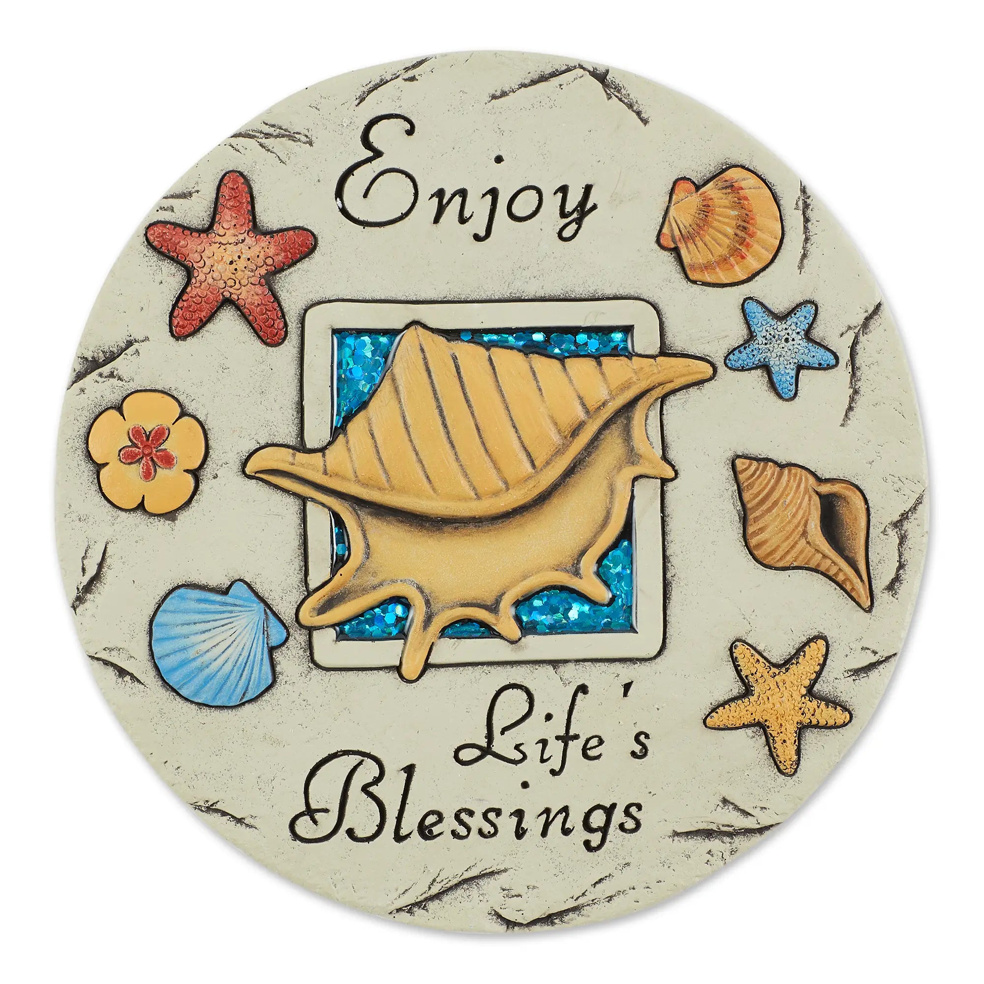 Enjoy Life’s Blessings garden stepping stone with shell and beach design on a white background