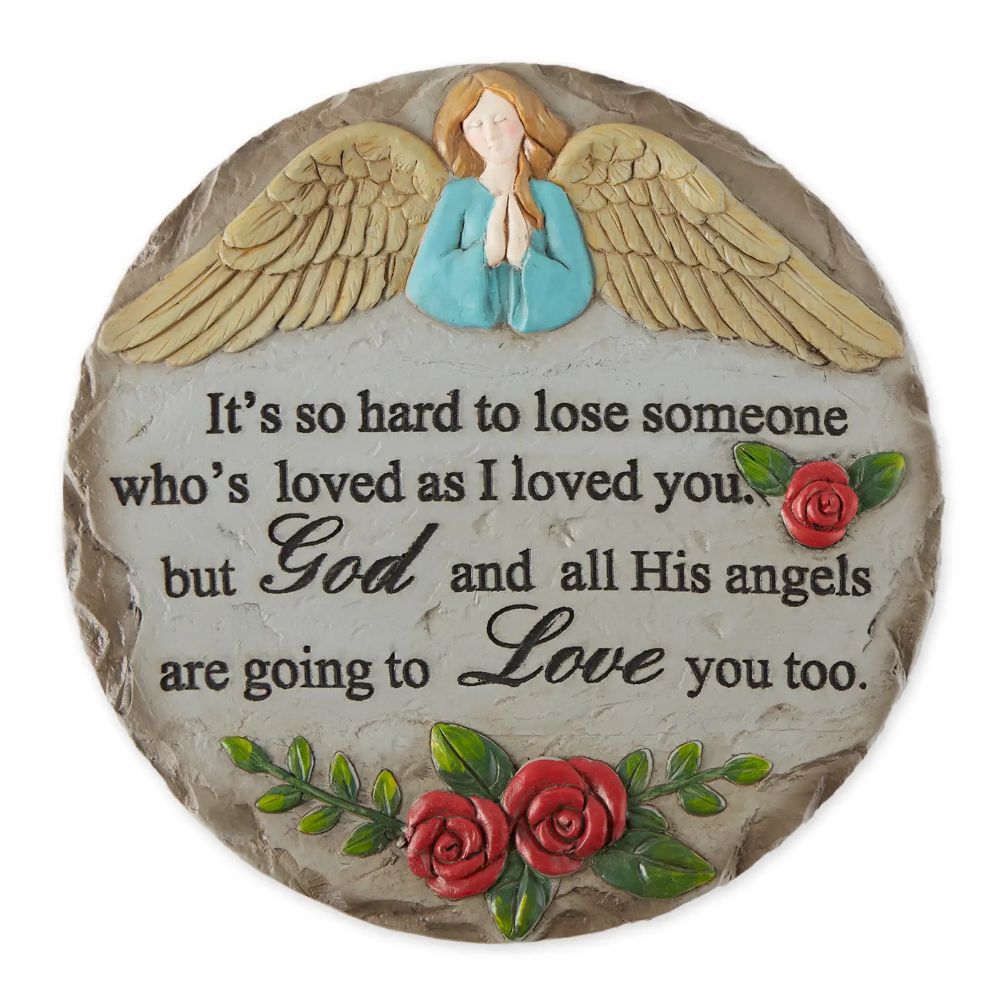 Angel memorial cement stepping stone with quote on white background
