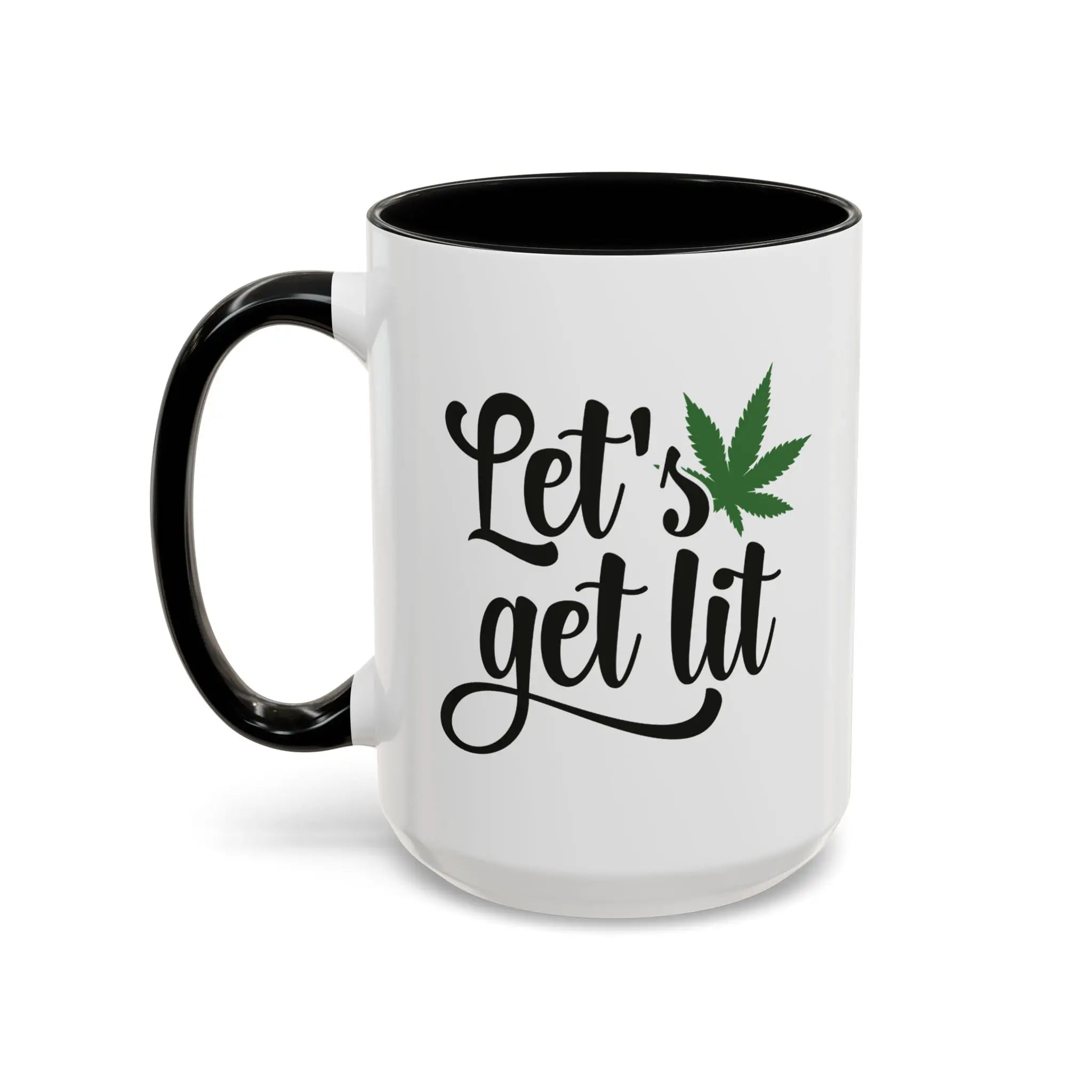 White mug with black interior and handle, featuring a cannabis leaf and text 'Let's get lit' on a white background.