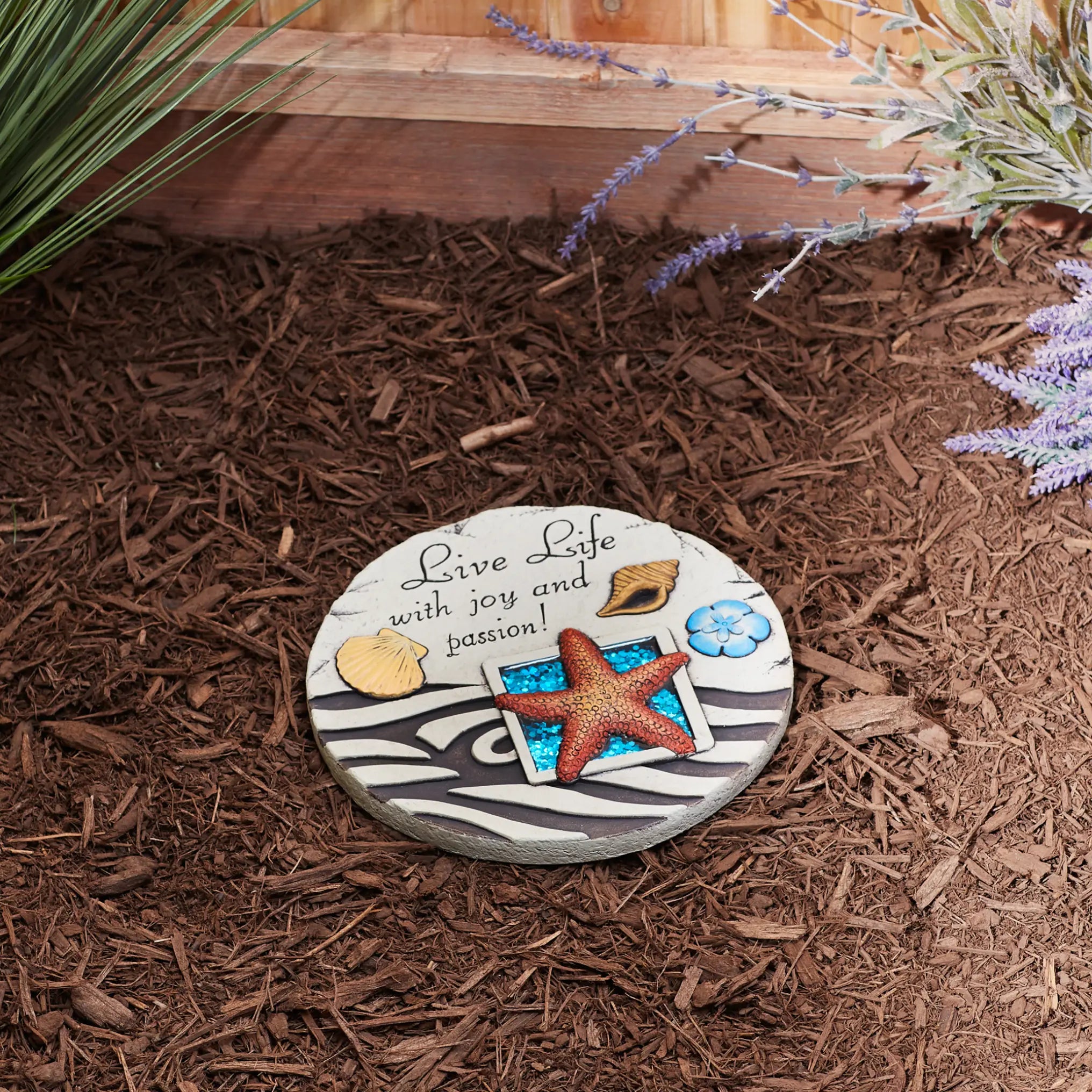 Live Life with Joy and Passion cement stepping stone on mulch