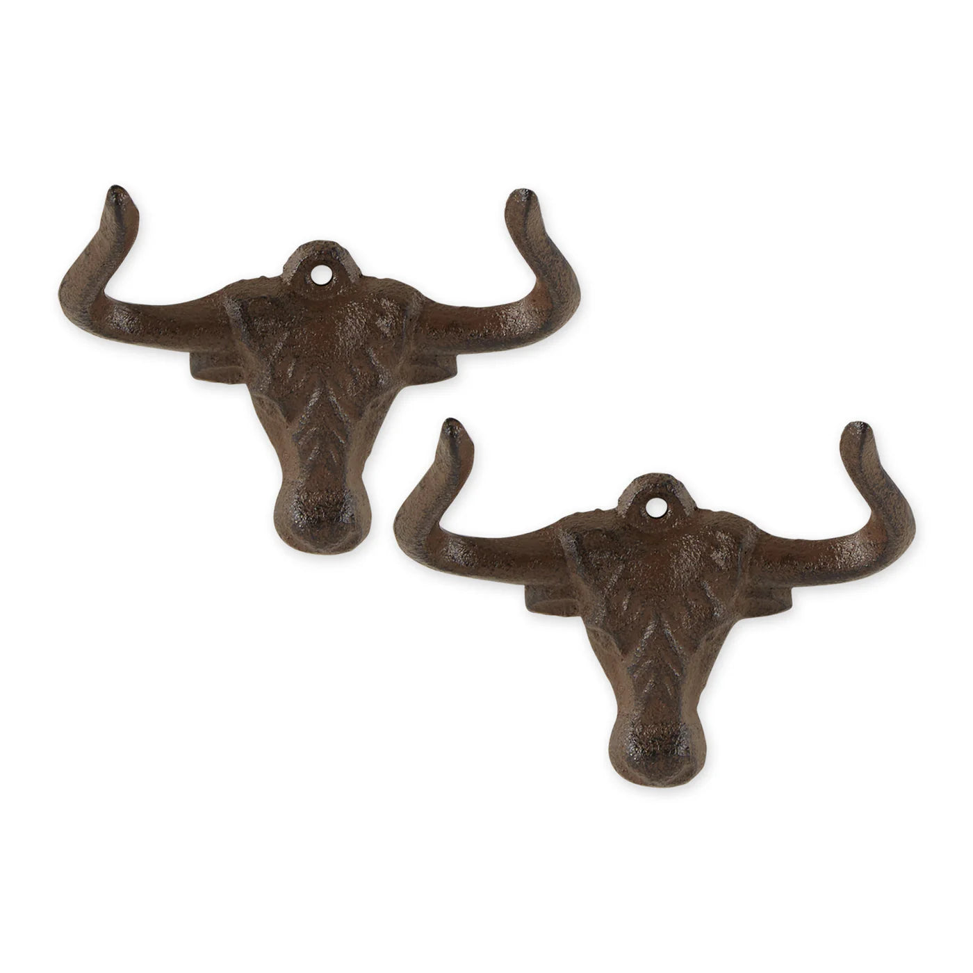 Set of 2 cast iron longhorn wall hooks in a rustic brown finish for farmhouse and Western home décor.