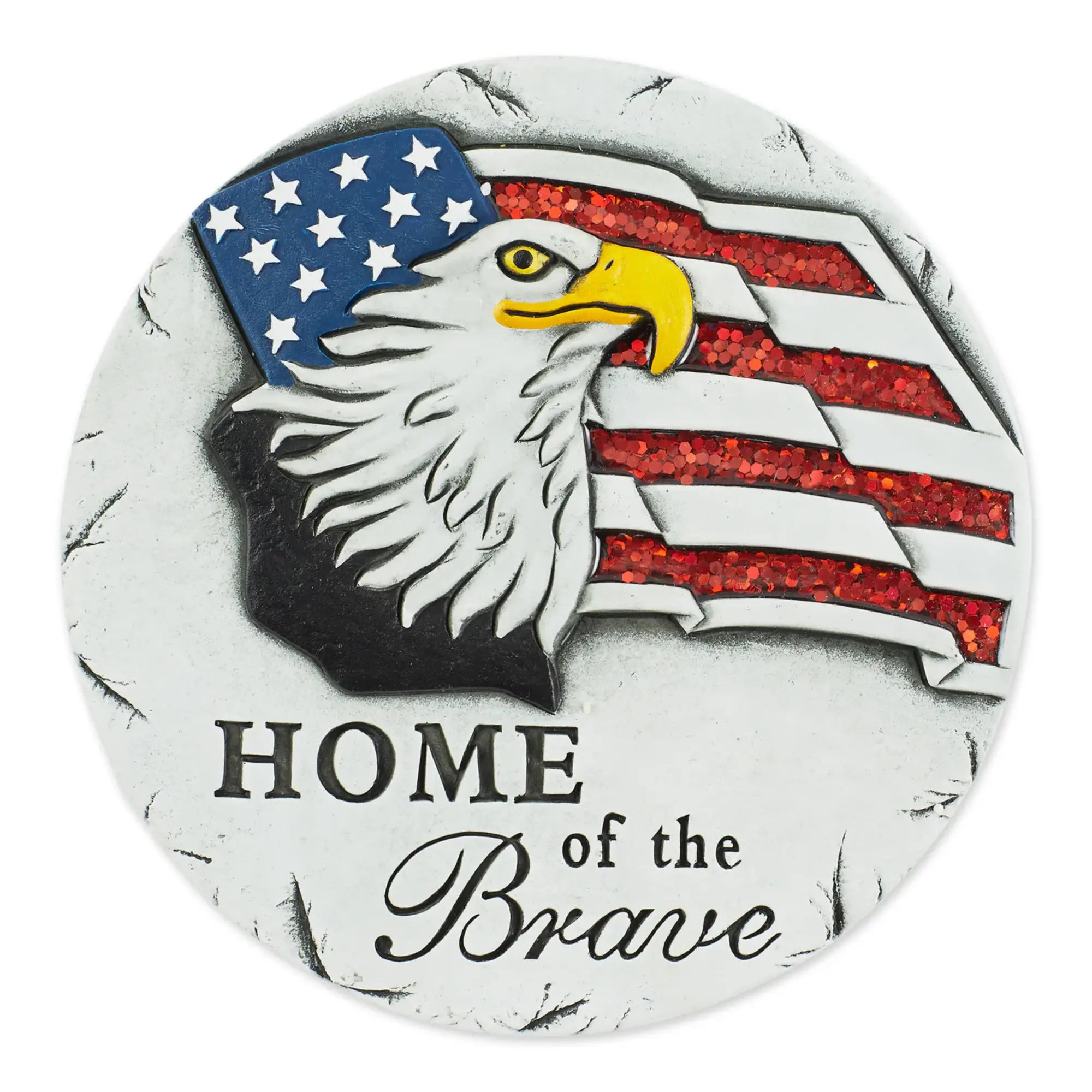 Decorative stepping stone with American flag and eagle design, featuring 'Home of the Brave' text.