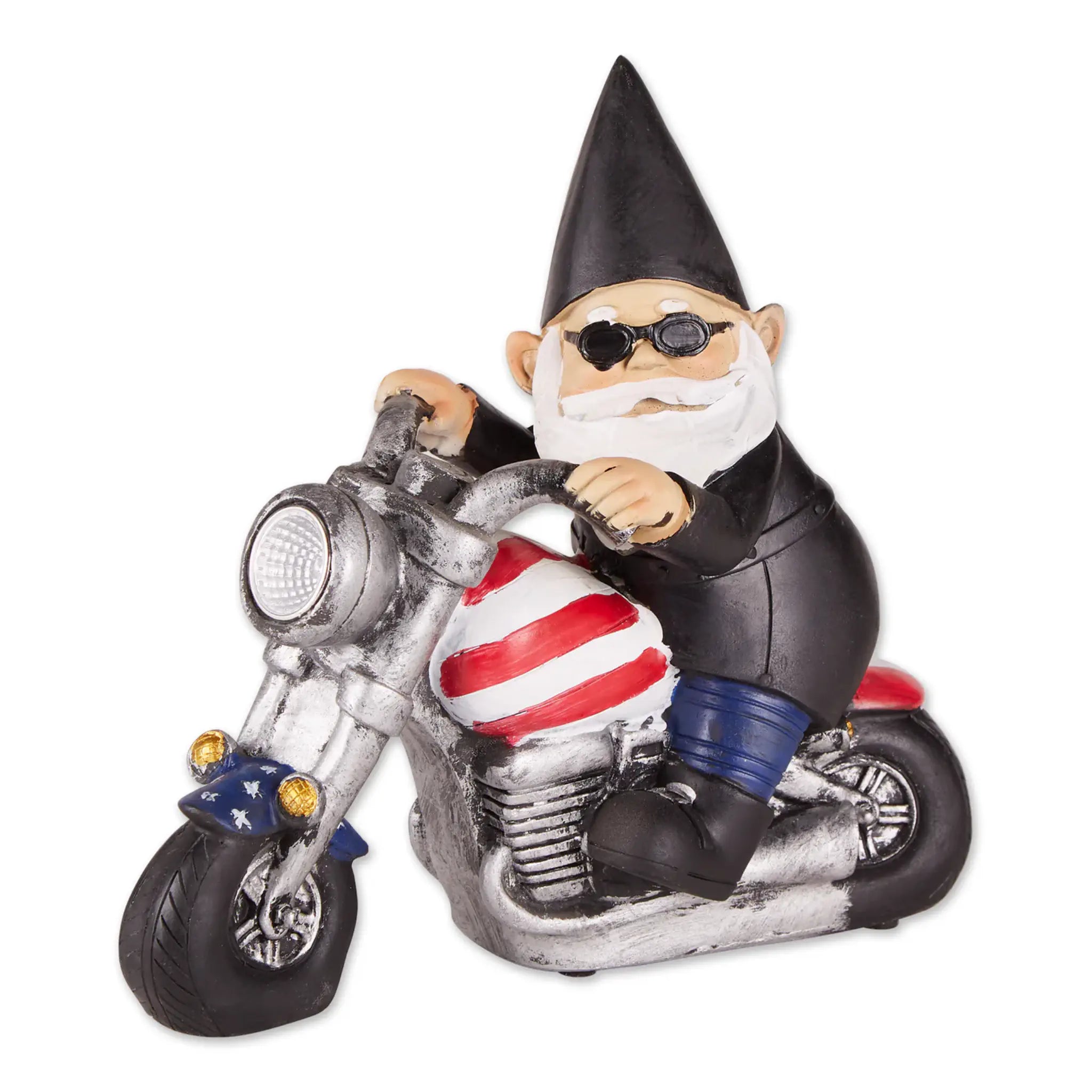 Gnome riding a motorcycle with American flag design on a white background
