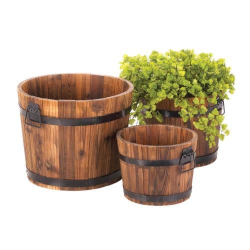 Rustic Apple Barrel Planter Trio - Saunni Bee - Patio; Lawn & Garden