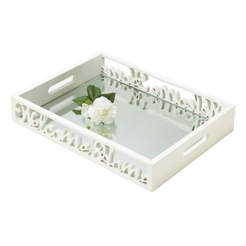 Welcome Home Mirrored serving tray against white background