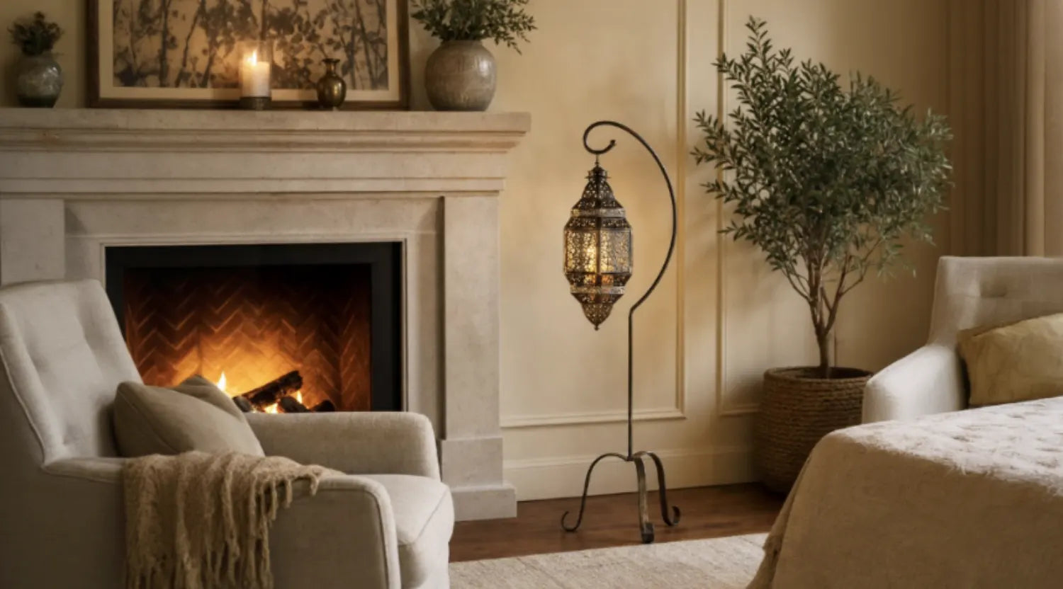 Moroccan candle lantern with stand creating warm ambient lighting beside fireplace