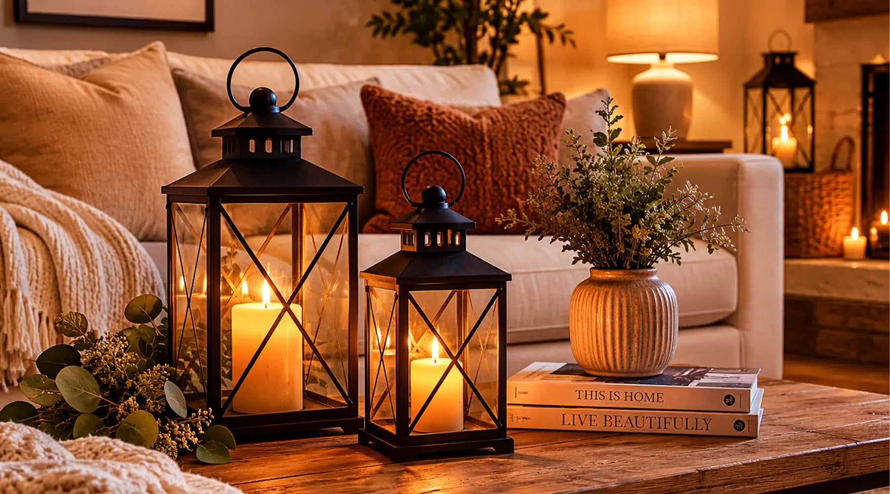 Decorative candle lanterns on a coffee table adding warm ambient lighting to a cozy living room.