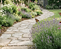 Cozy garden pathway with decorative stepping stones and blooming flowers.