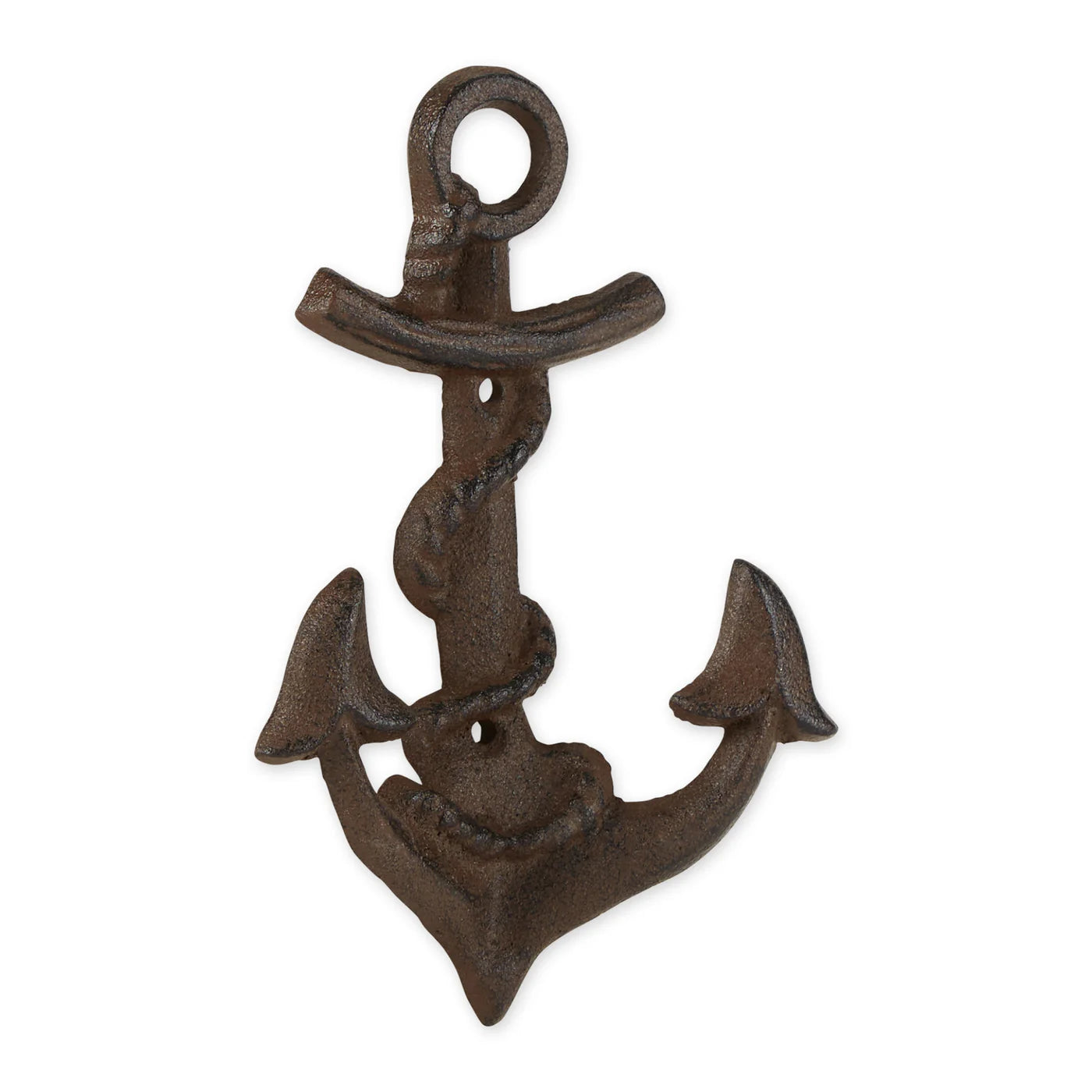 Close-up of a cast iron anchor wall hook with rope detail and a rustic brown finish.