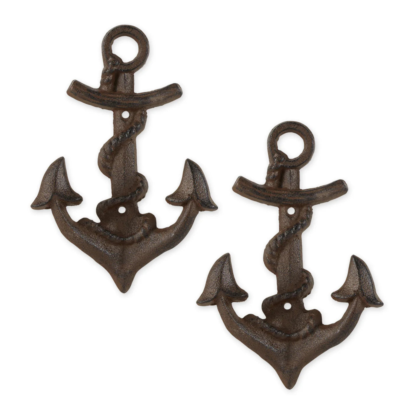 Set of 2 cast iron anchor wall hooks with rope detail in a rustic brown finish for coastal and nautical décor.