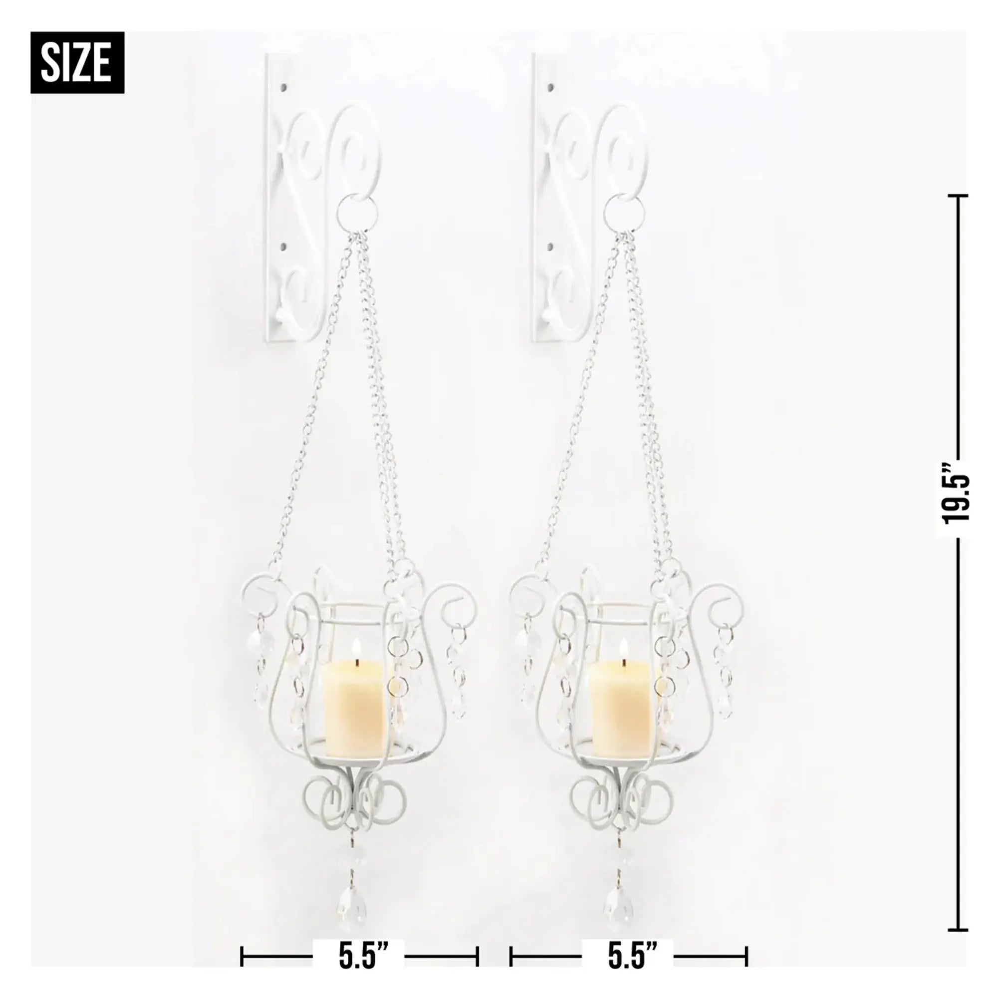 Decorative wall sconces with candles and measurements on a white background