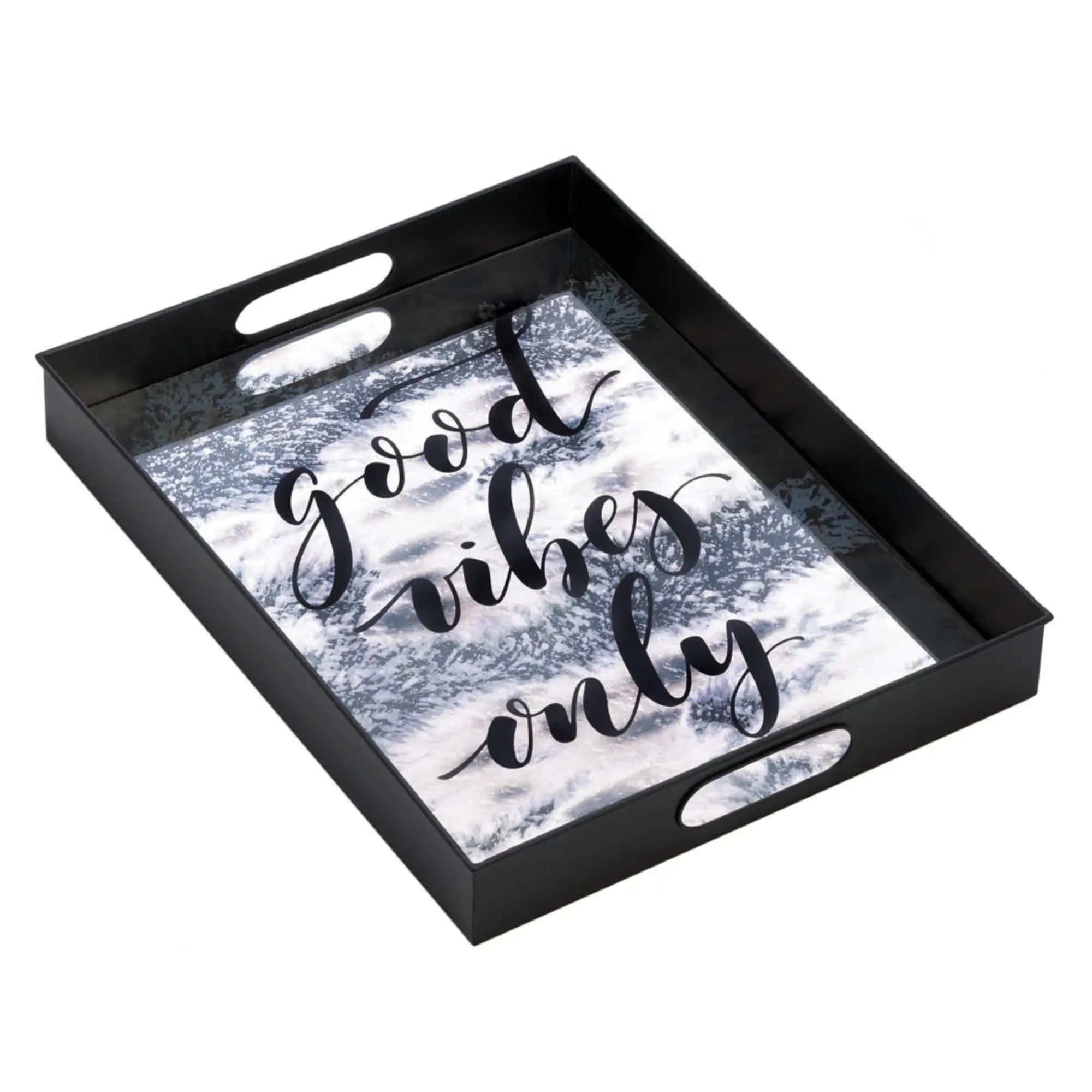 Black Good Vibes Only serving tray with marble-look base on a white background