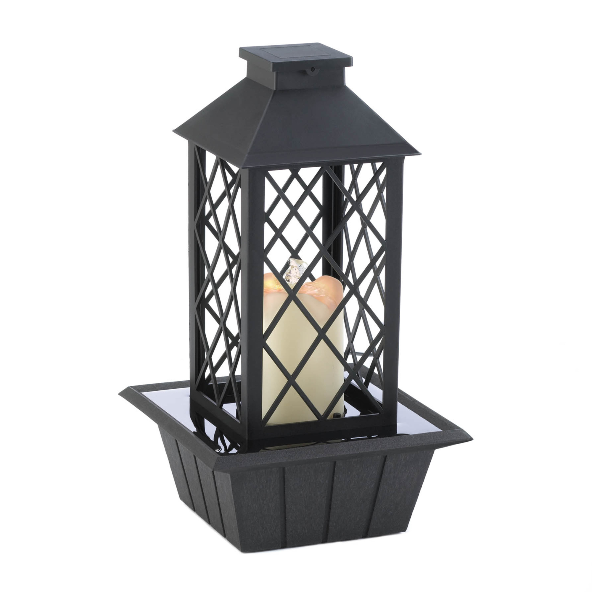 Black lantern tabletop fountain with a LED on a white background