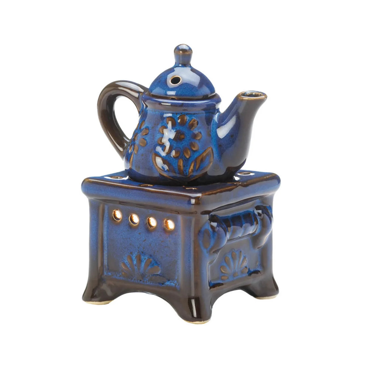 Front view of blue floral teapot essential oil warmer with candlelit base