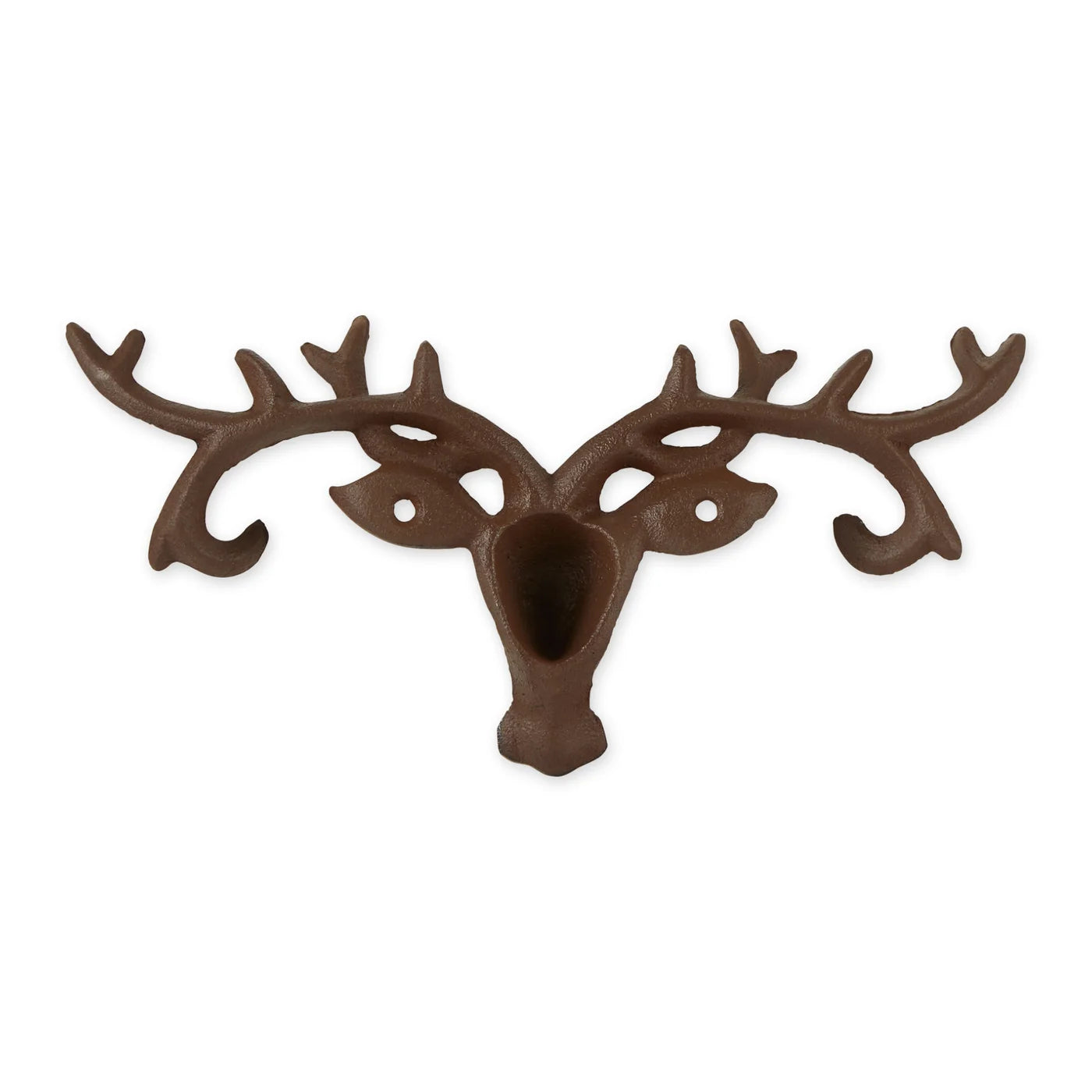 A brown cast iron reindeer head wall hook with detailed antlers, shown against a plain white background.