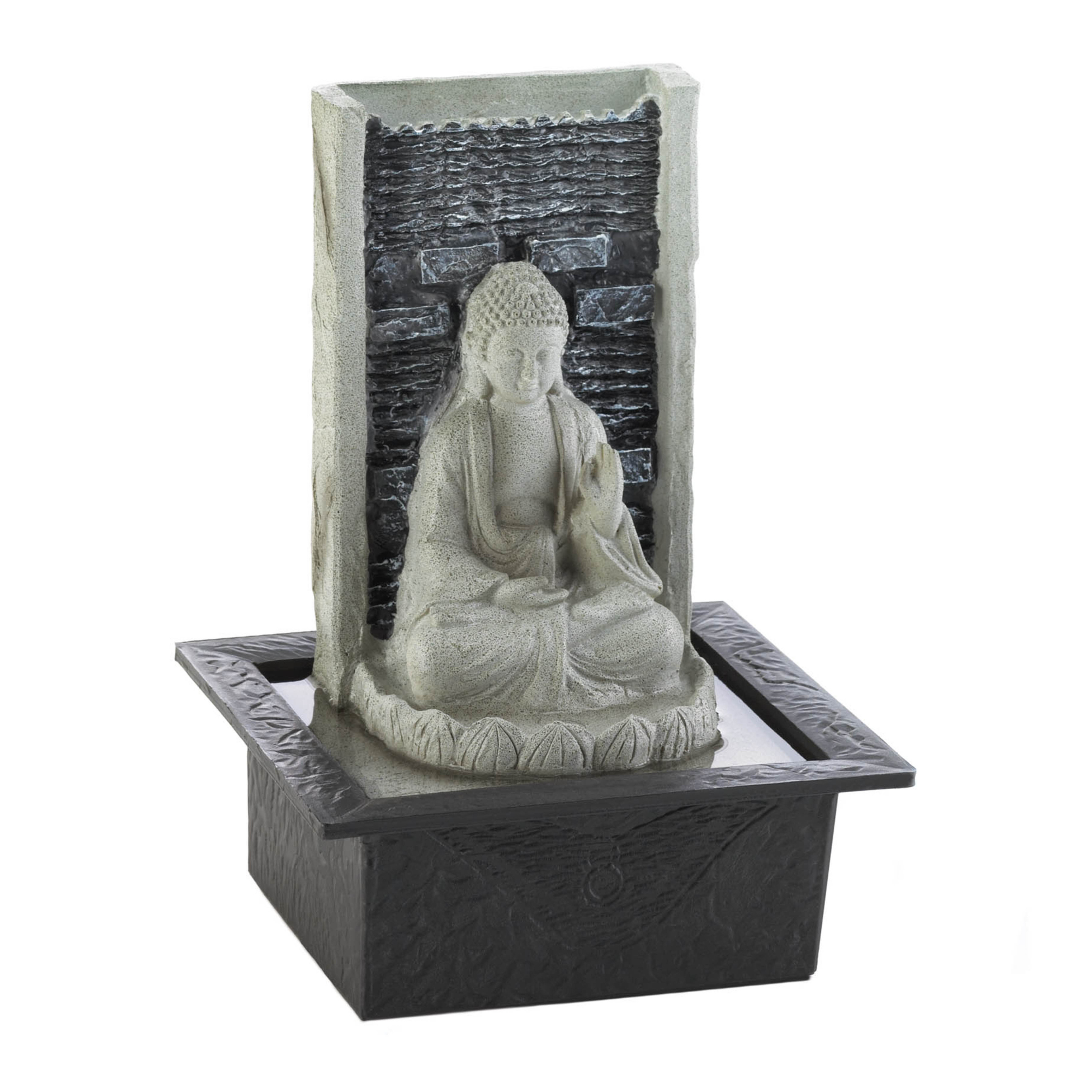 Buddha cascading tabletop fountain against white background  