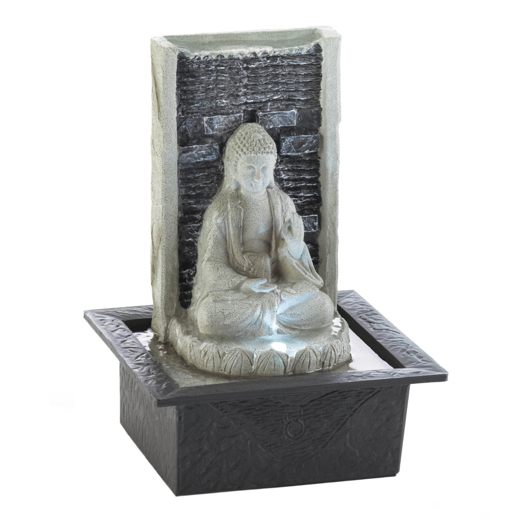 Buddha statue indoor water fountain with LED on a white background