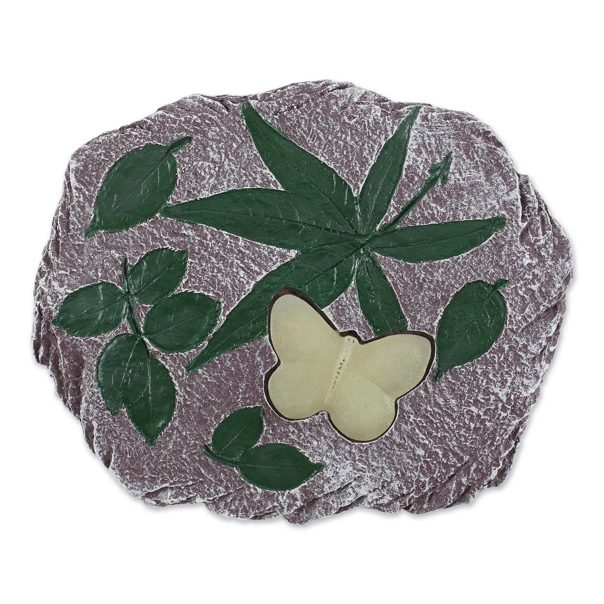 Butterfly garden stepping stone with green leaf design on a white background
