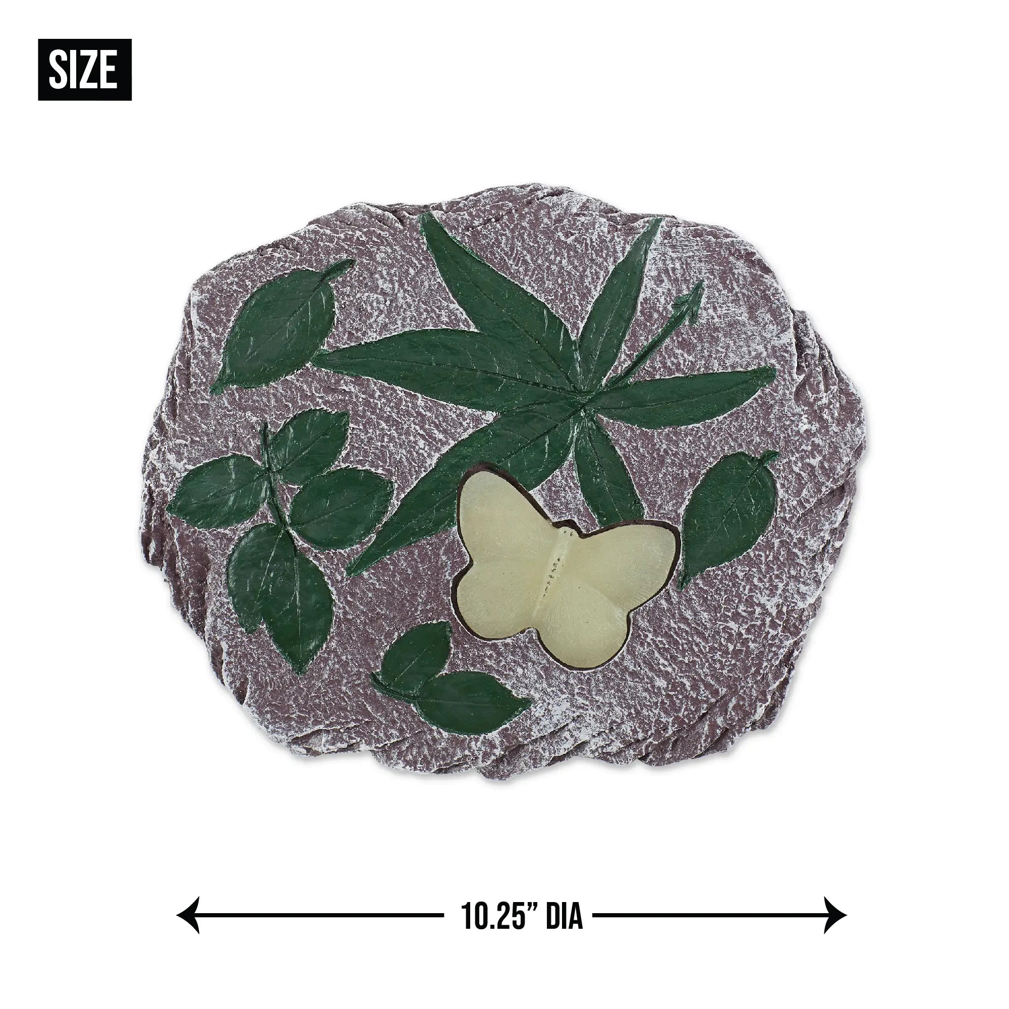 Garden stepping stone with leaf and butterfly design, size indicated as 10.25" dia.