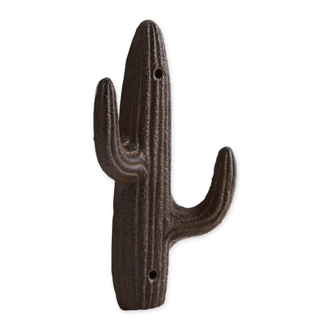 Cast iron cactus wall hooks mounted on a wall holding keys in a rustic Southwest entryway.