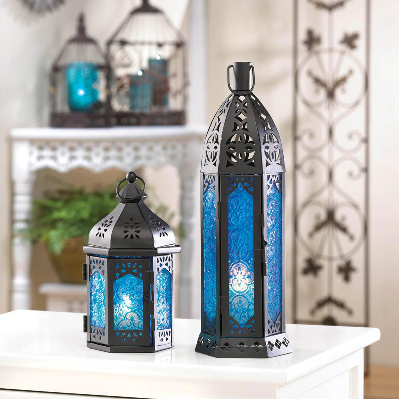 Decorative blue floret candle lanterns