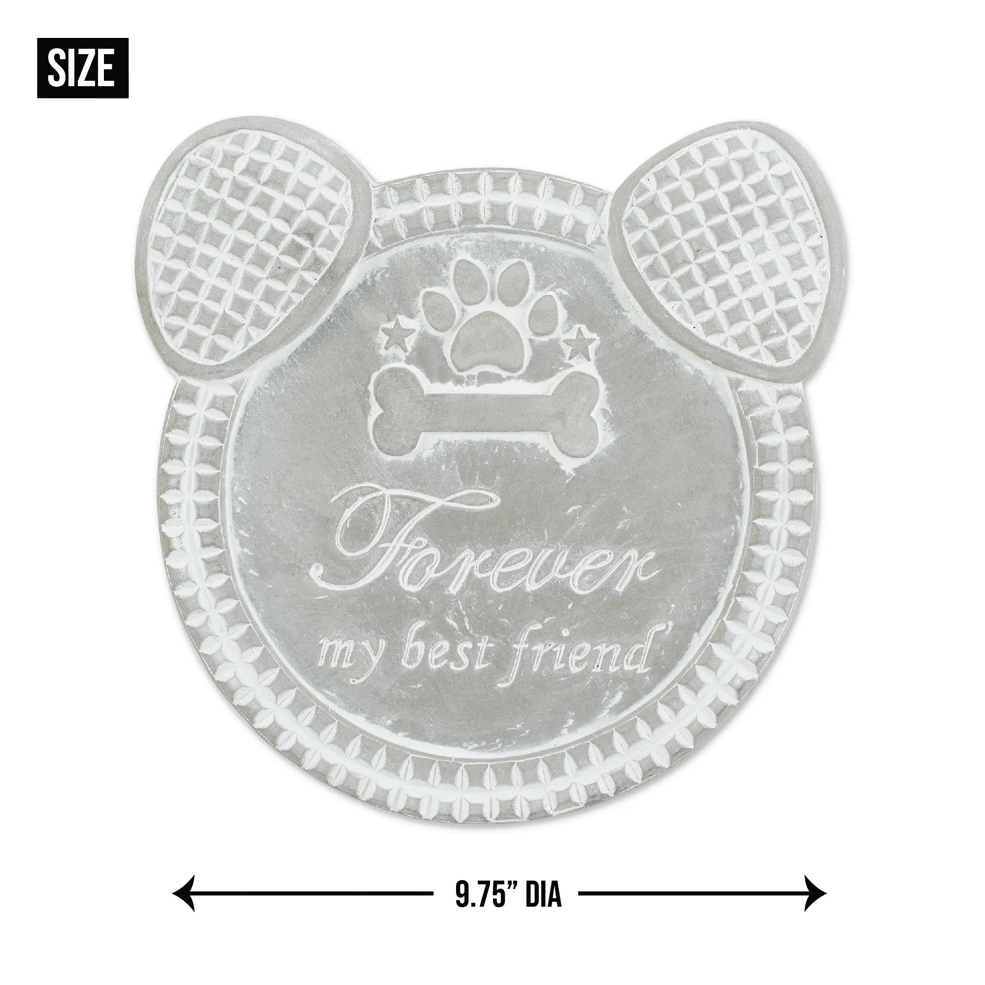 Paw-shaped dog memorial cement stepping stone size chart, 9.75 inch diameter