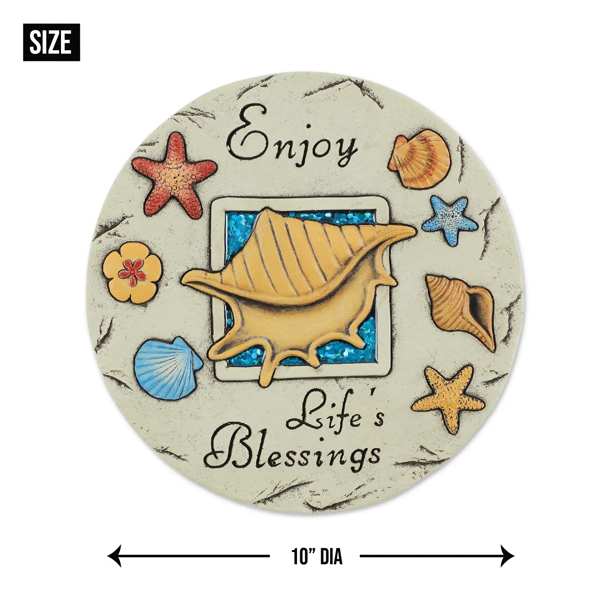 Garden stepping stone with shell and text 'Enjoy Life's Blessings' on a white background