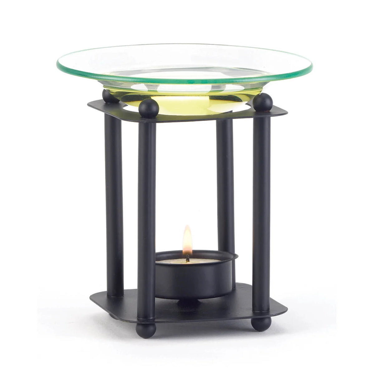 Glass essential oil warmer with black metal stand and tealight holder