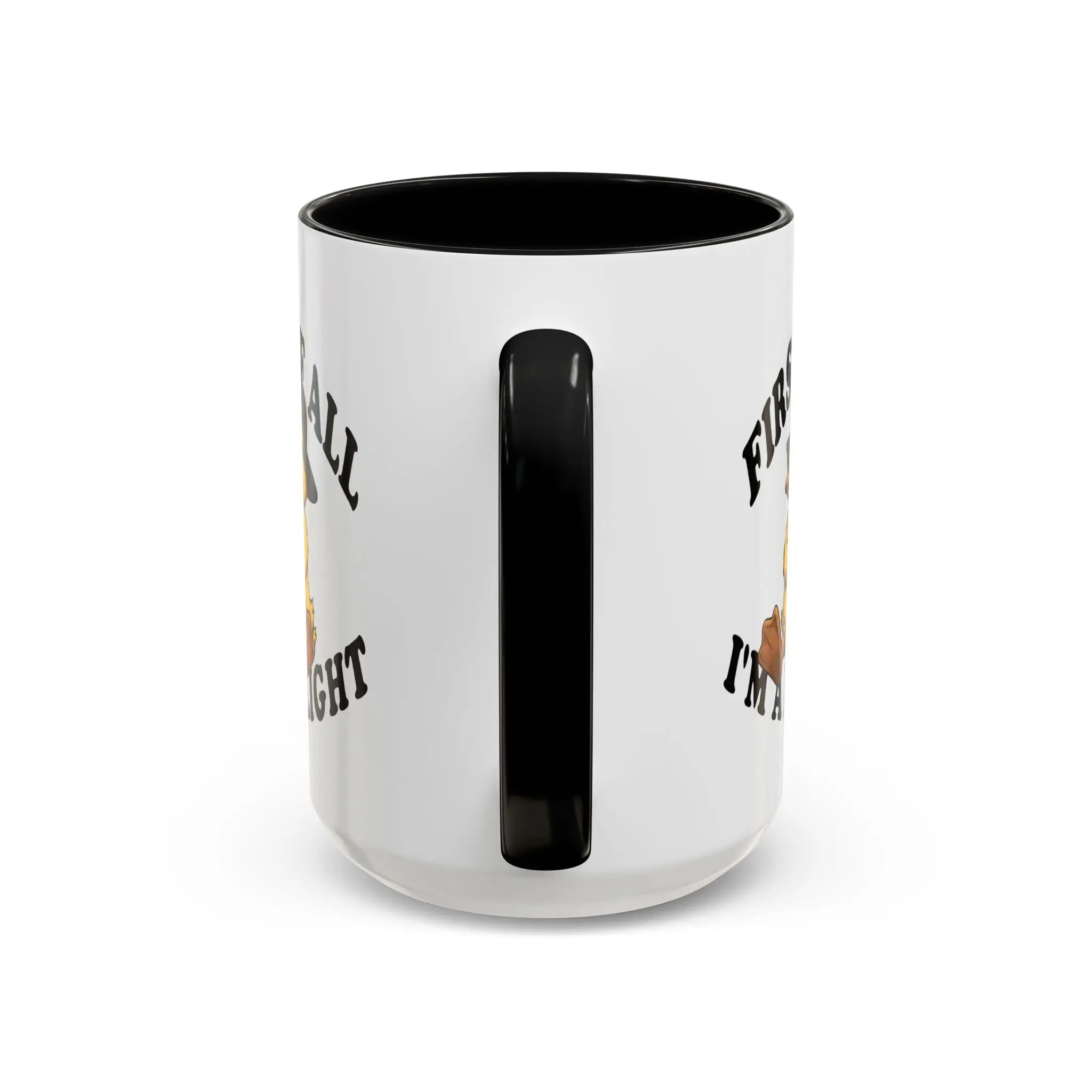 Back view of the white ceramic coffee mug showing the black handle with the duck design visible on both sides.