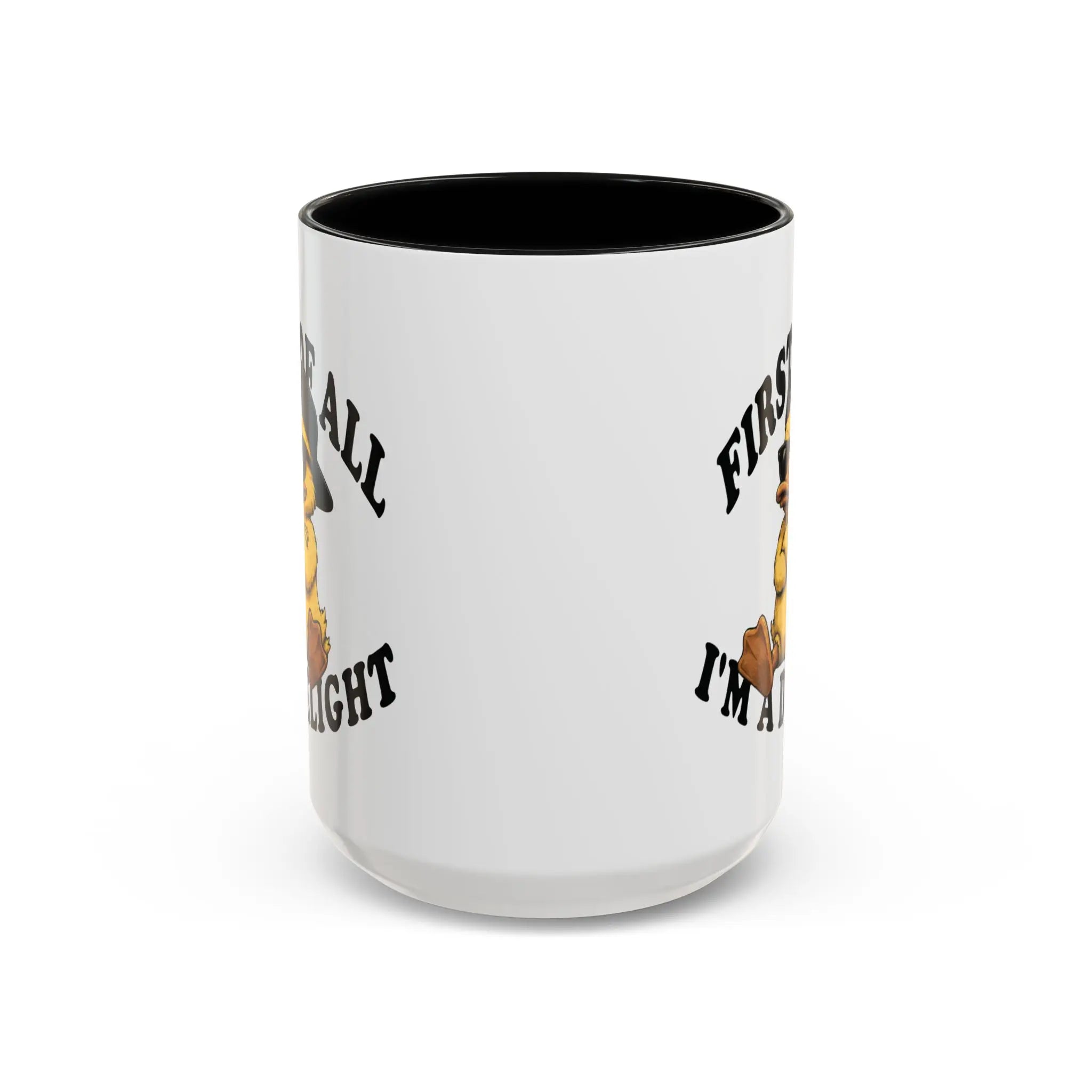 Front view of the white ceramic coffee mug with partial duck designs visible on both sides.