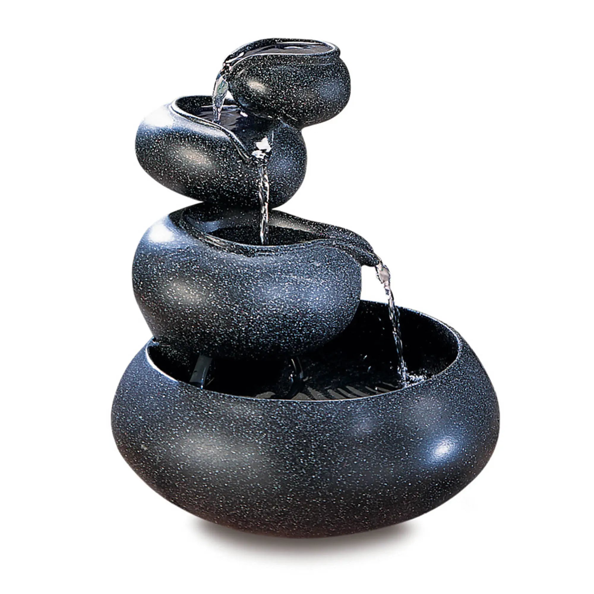 Four-tier tabletop fountain with granite finish, cascading water bowls, indoor water fountain design