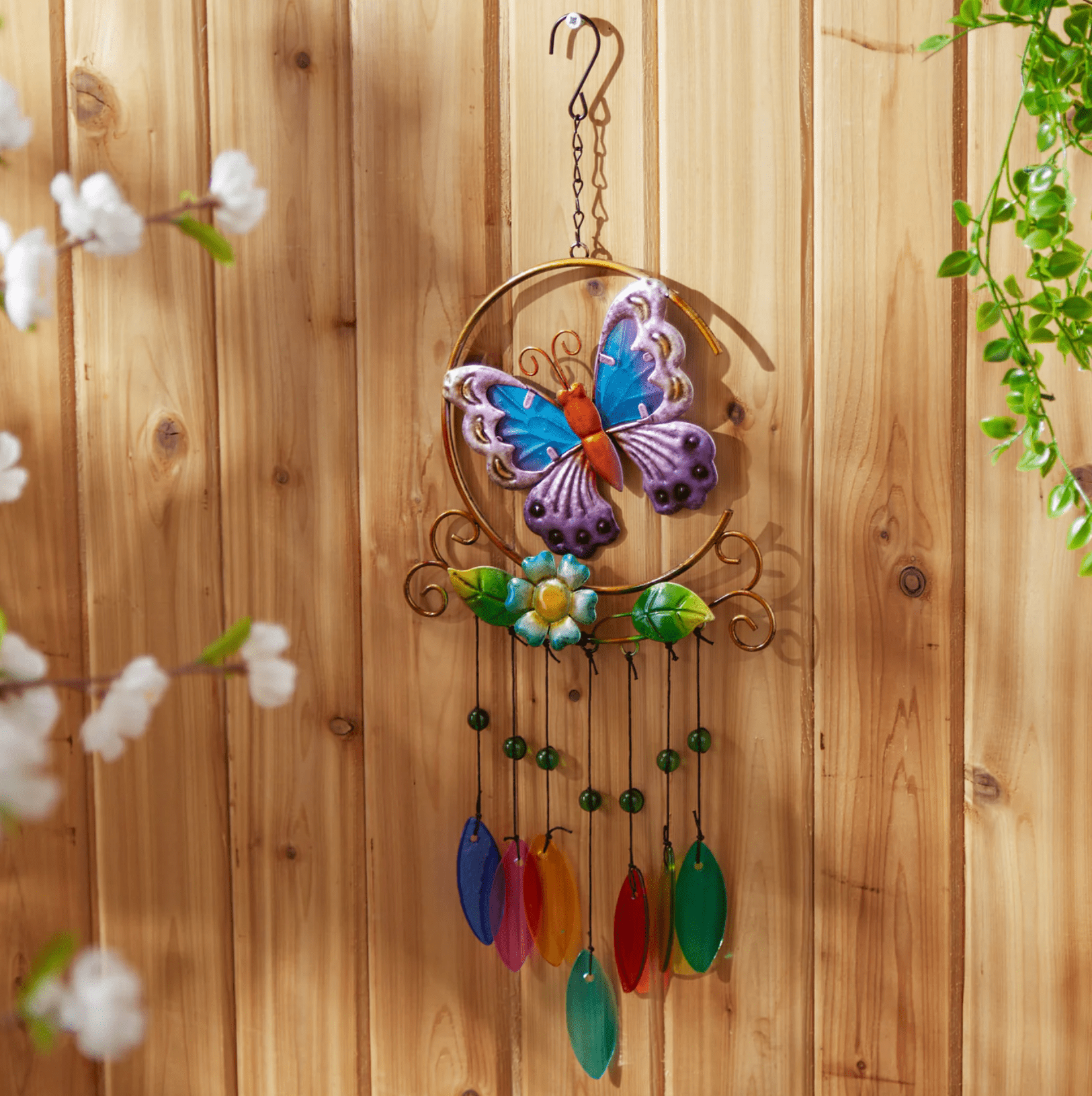 Glass Leaves Wind Chimes - Butterfly Iron Ornament - Saunni Bee - Garden Art