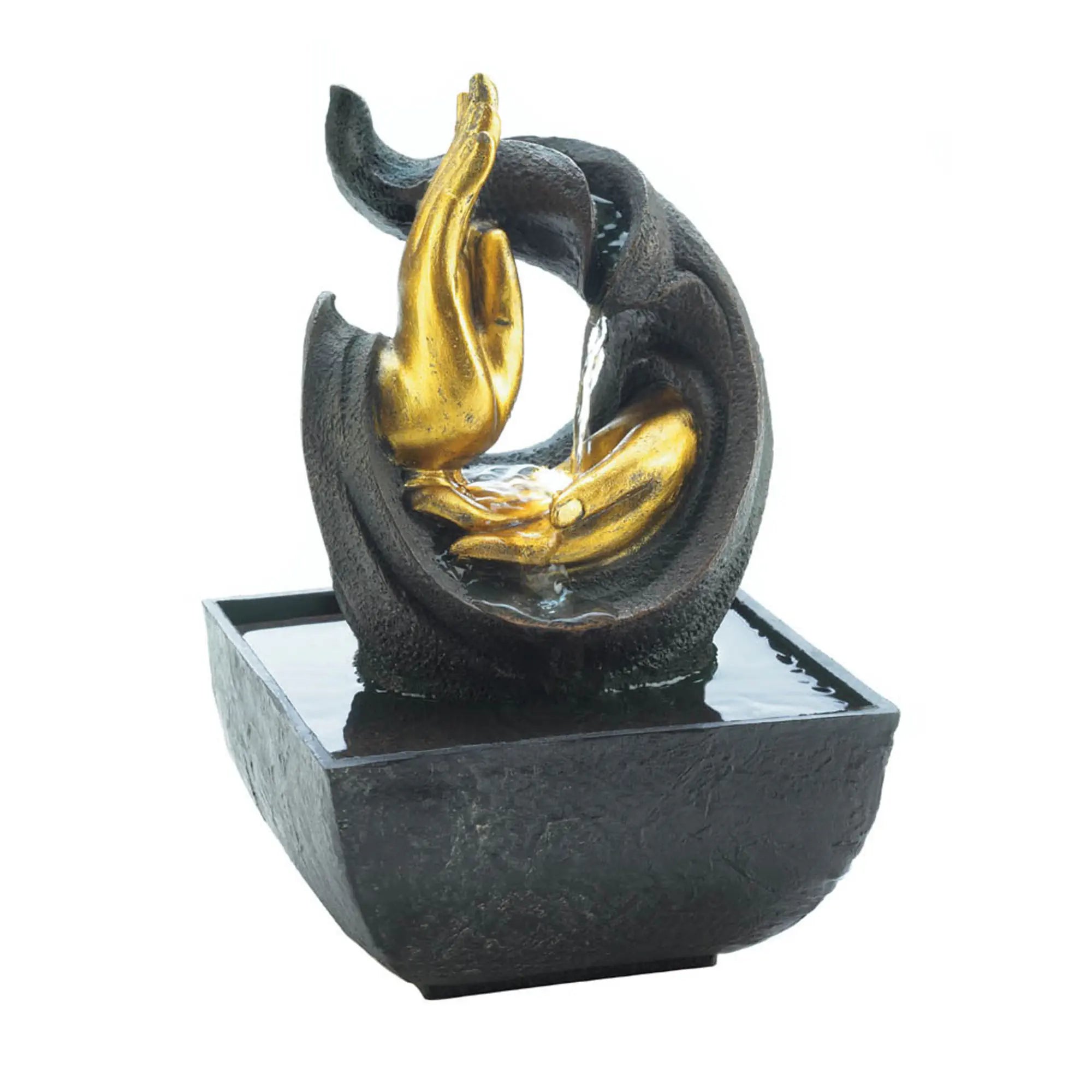 Decorative desk water fountain with black and gold design on a white background