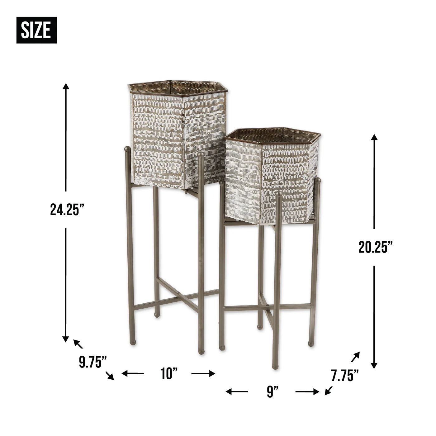 Two woven planters on stands with dimensions labeled