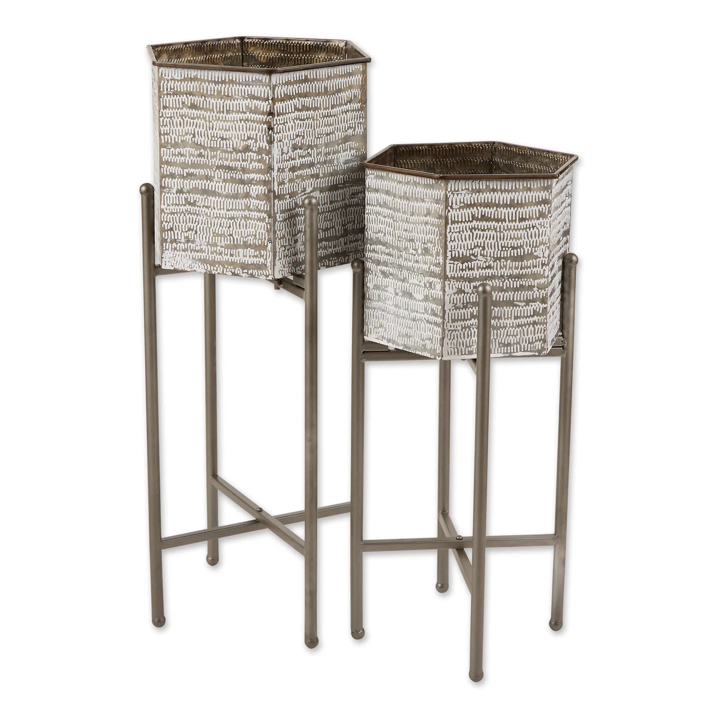 Two decorative planters with wicker-like baskets on stands against a white background
