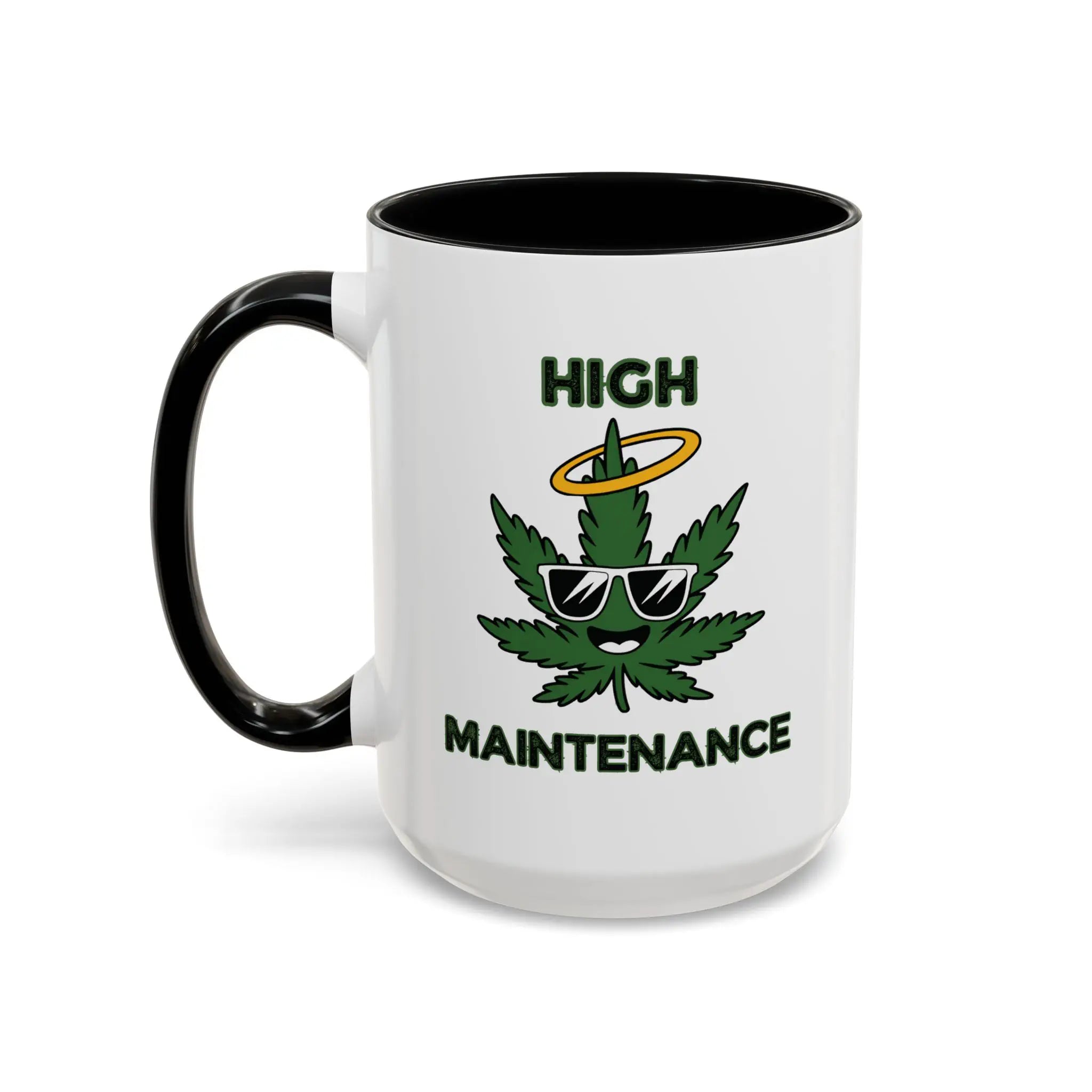 White mug with black handle featuring a cannabis leaf design and text 'High Maintenance' on a white background.