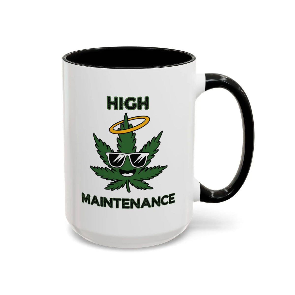 White mug with black interior and handle, featuring a marijuana leaf graphic and text 'High Maintenance' on a white background.