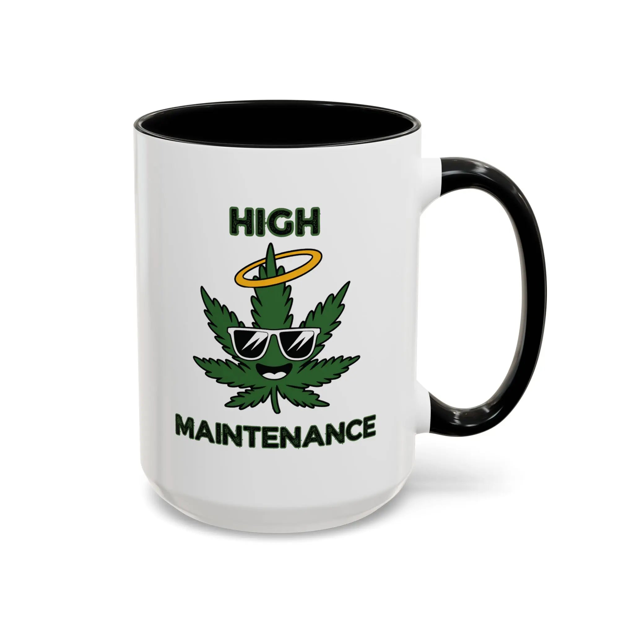 White mug with black interior and handle, featuring a marijuana leaf graphic and text 'High Maintenance' on a white background.