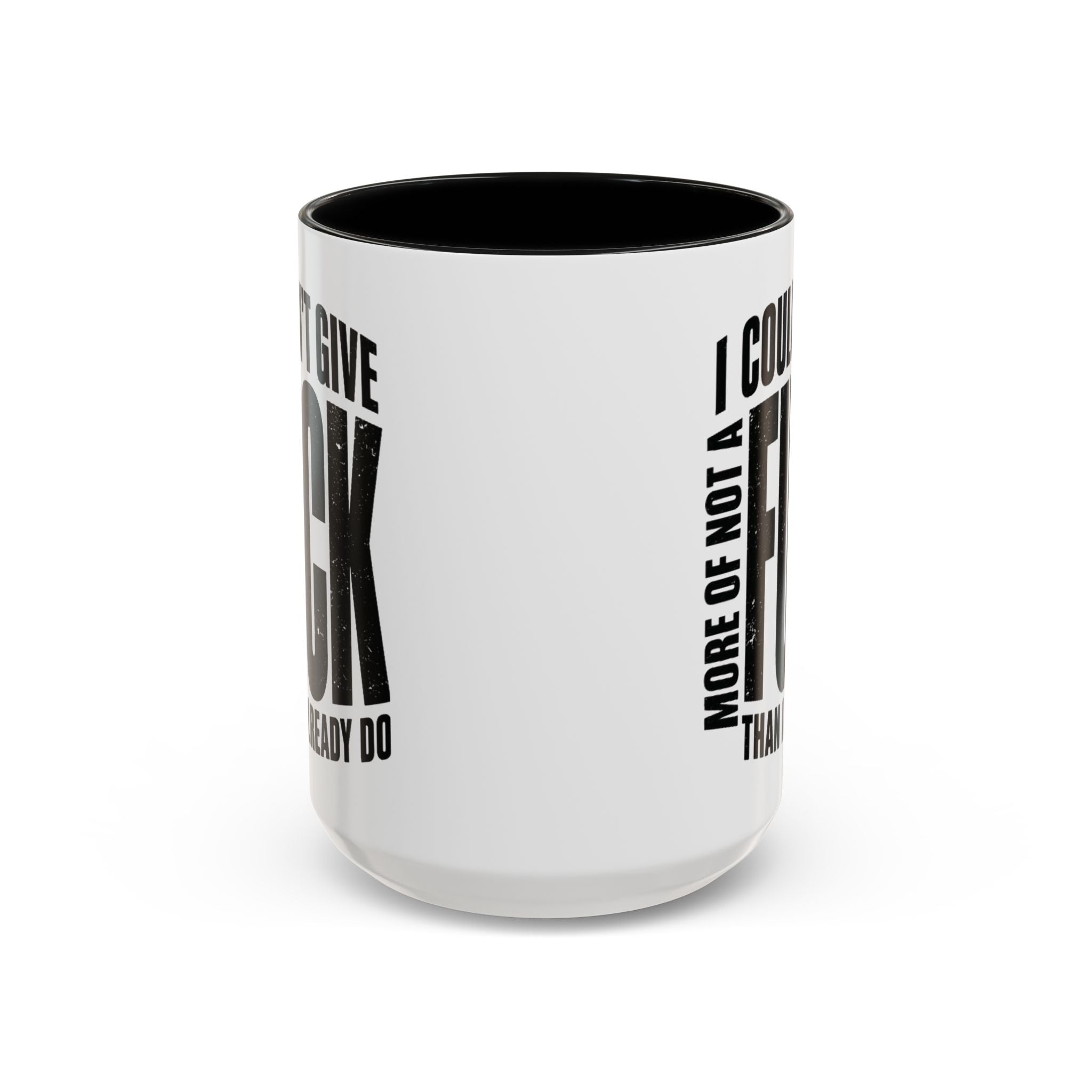 White coffee mug with black interior and text design on a white background