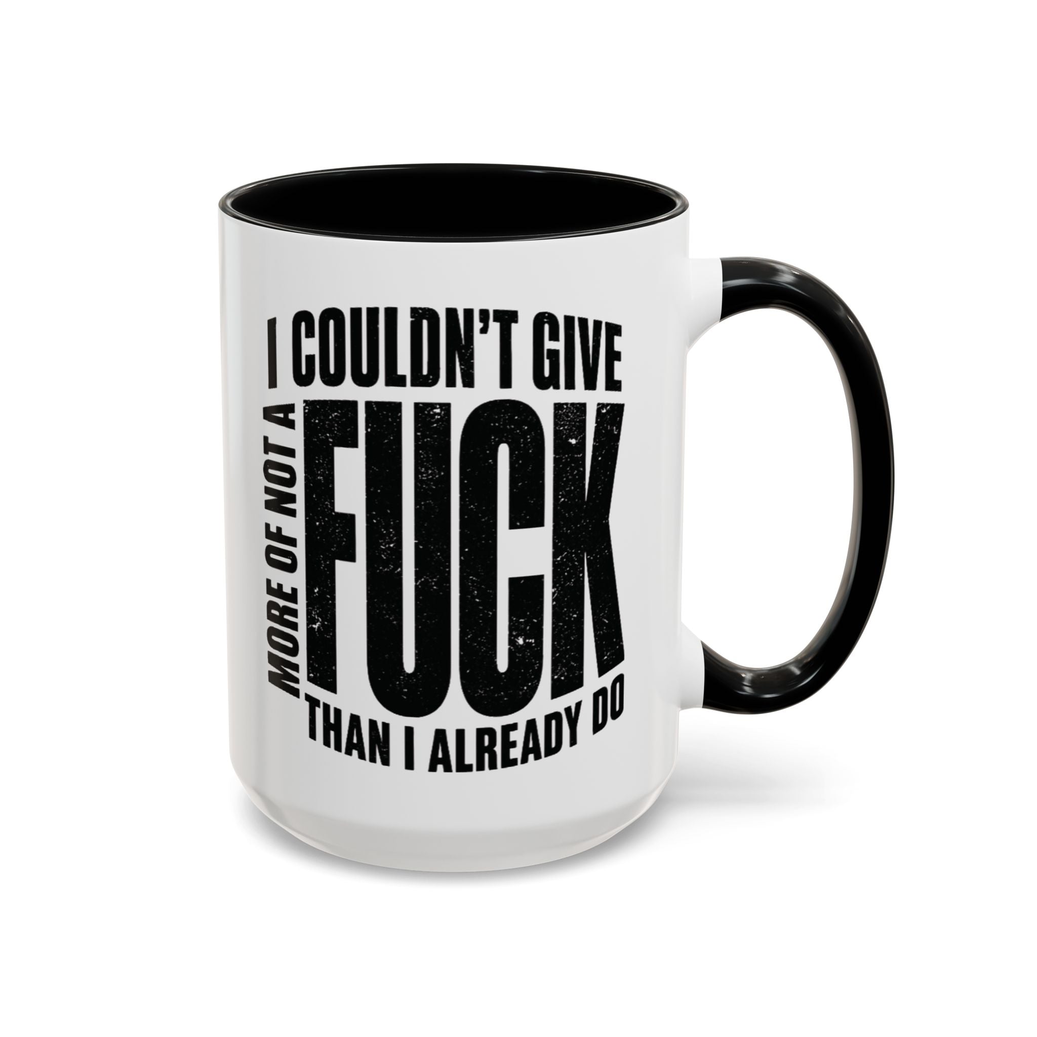 White mug with black interior and handle, featuring a bold text design.