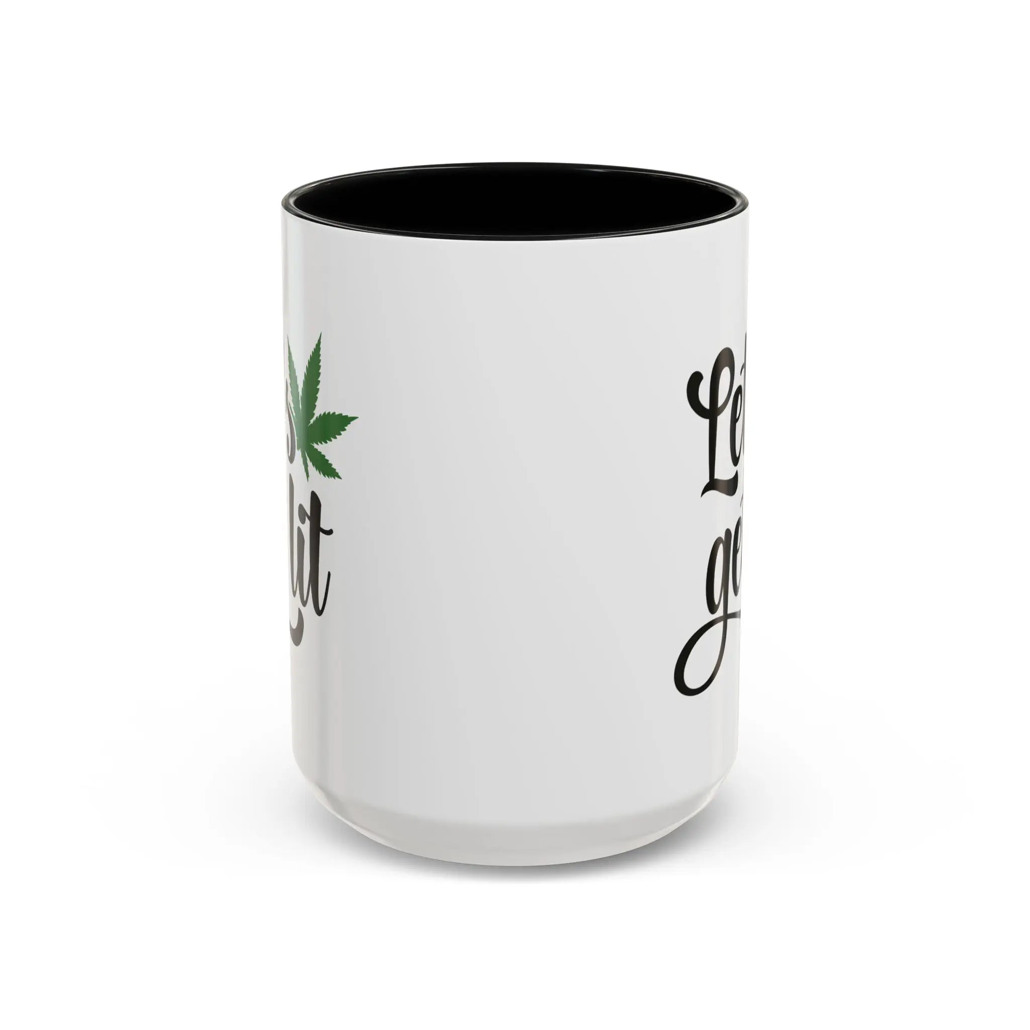 White mug with black interior, green leaf design, and text on a white background, front view