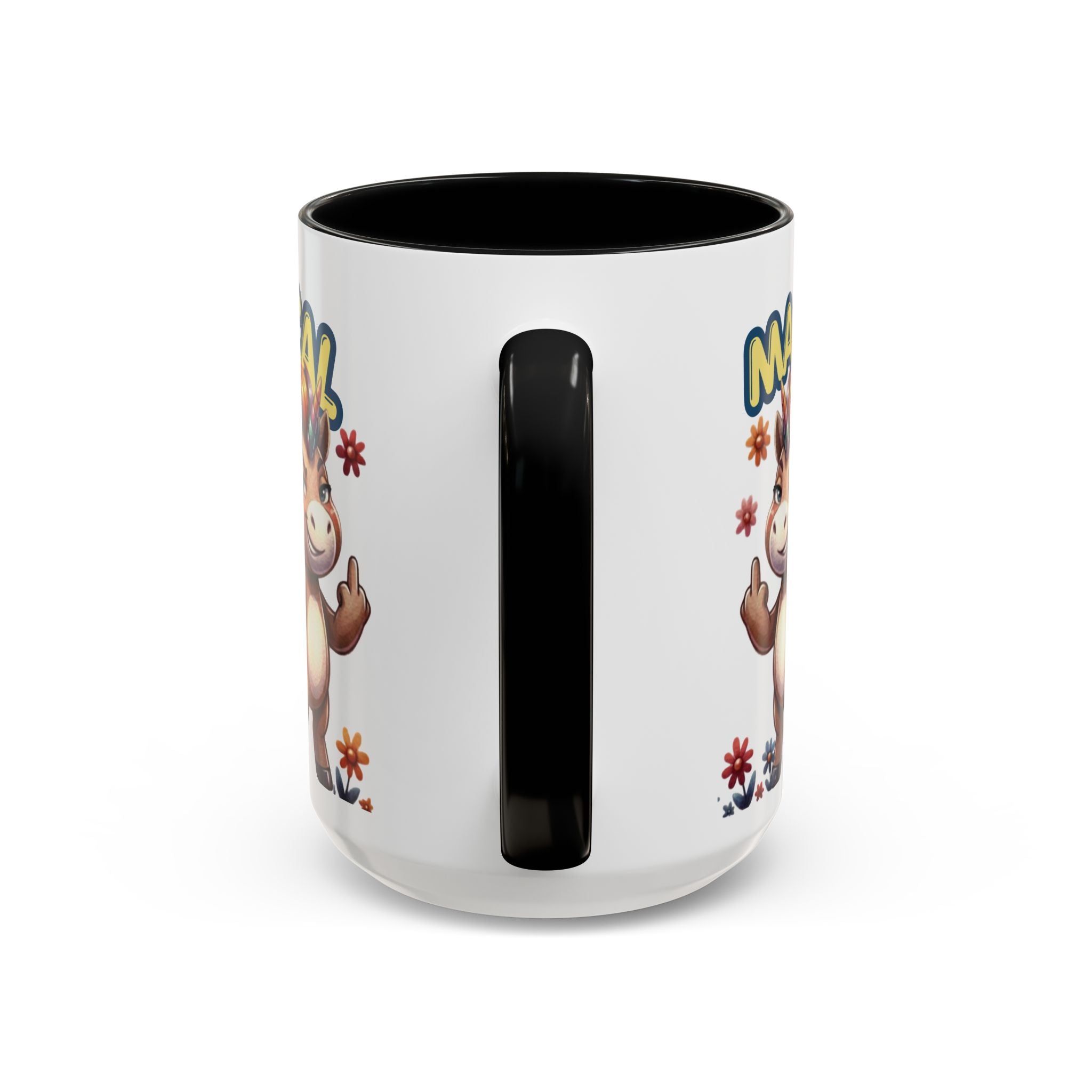 White mug with black interior and handle featuring cartoon character on a white background