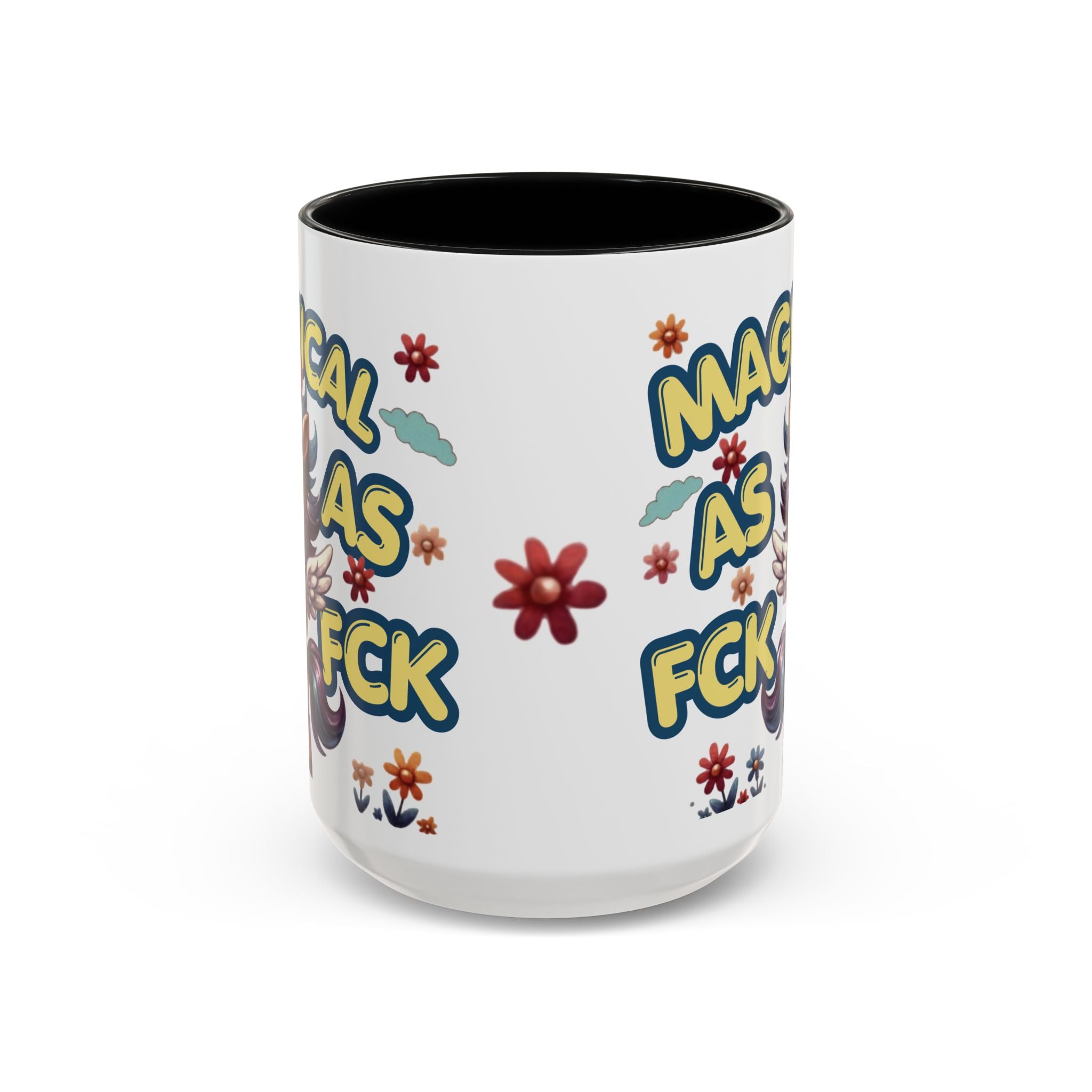 White mug with colorful text and designs on a white background