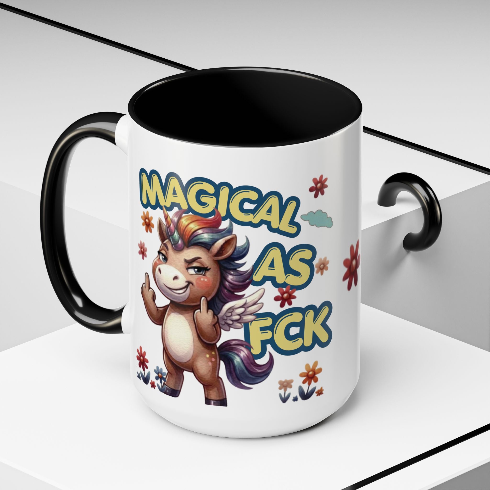 Mug with cartoon unicorn and text 'MAGICAL AS FCK' on a white background